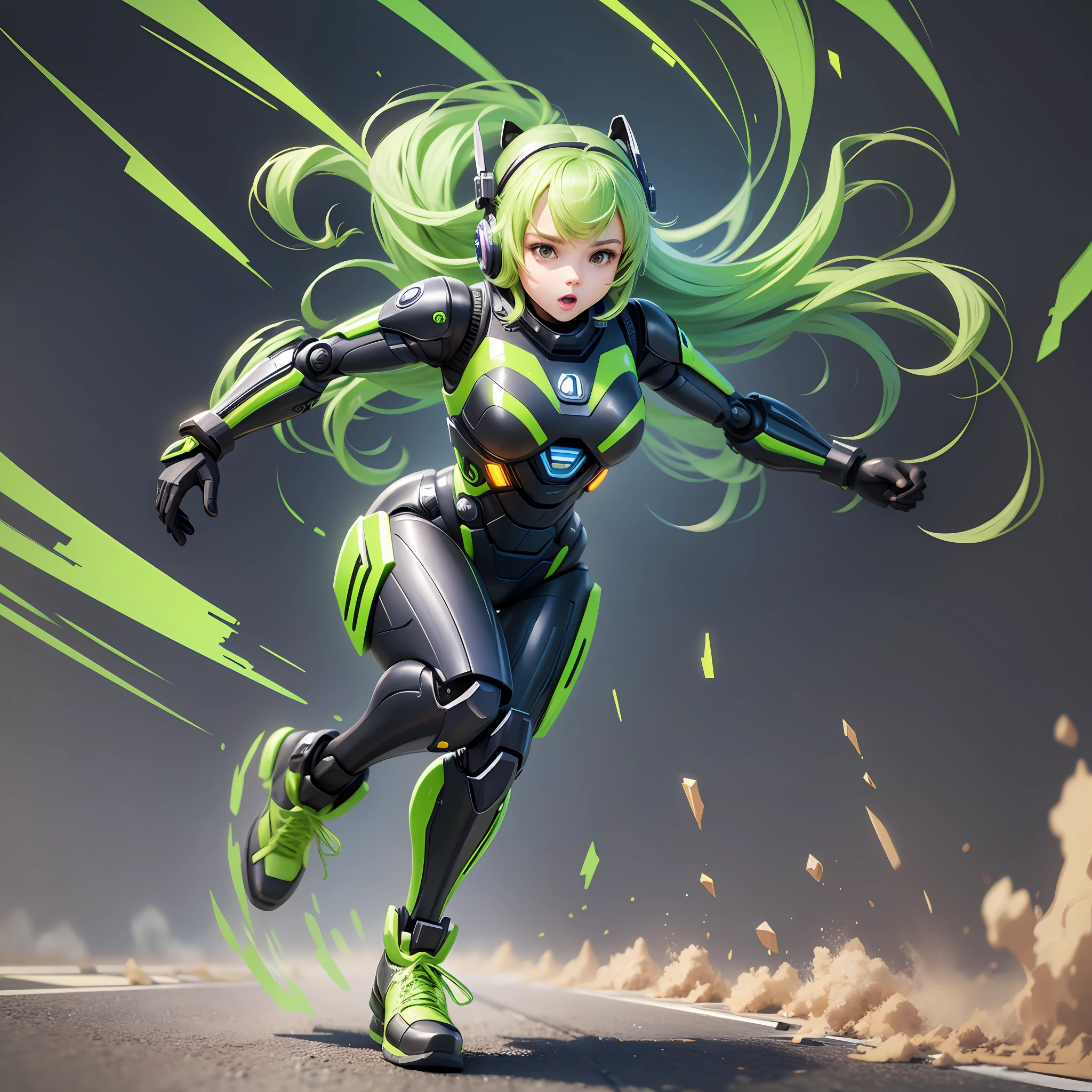 Full body Cartoon hiper realistic very cute full body running in action girl a gren hair robocop in vibrant colors --auto --s2