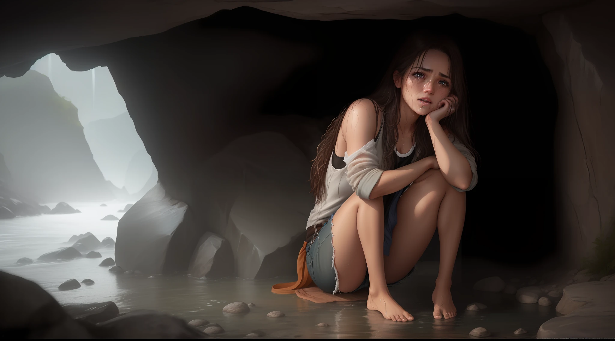 photorealistic, camera in front of face, full body portrait. somewhat dirty woman crying on her knees with her hands around her lap in her cave style background and rocky floor with teary eyes and tears streaming down her face and her mouth half open as if holding a choked cry, long brown hair somewhat wet and dirty scattered across her face, wearing a dirty half open dirty zipper shirt and long dirty ripped pants and barefoot, no undergarments. isometric details, a stunning realistic photograph, a stunning realistic photograph, 8k high definition medium dark lighting, highly detailed, detailed eyesm detailed face