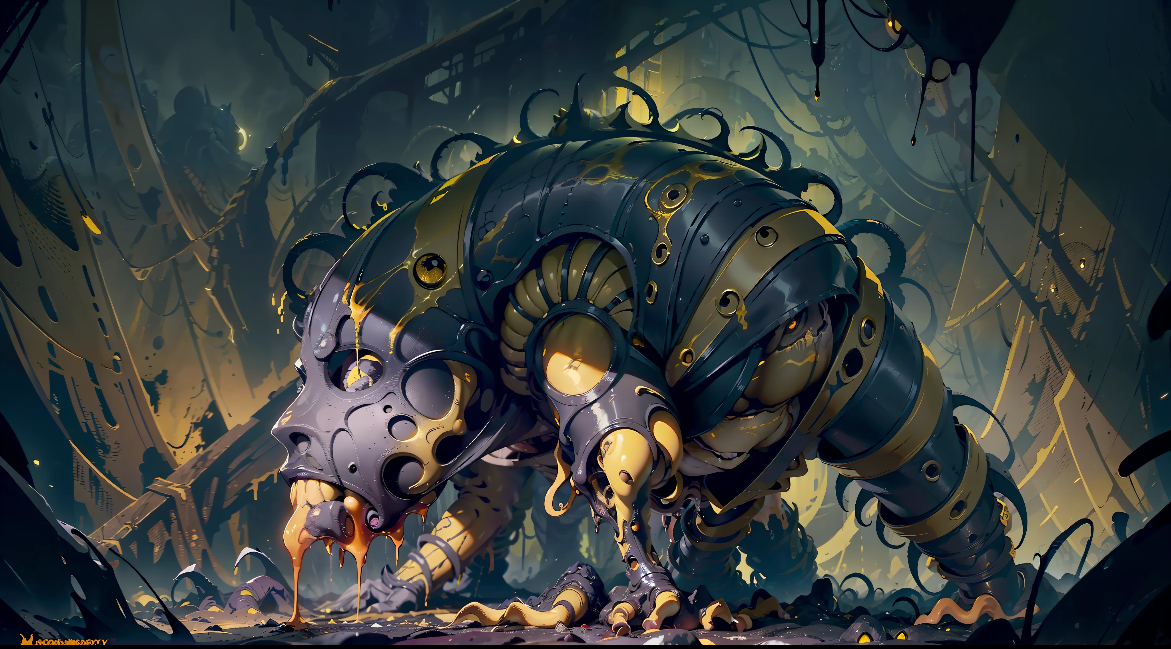 a dark yellow deformed monstrous human corpse creature, with yellow tentacles and bloody corpse, crawling in the dark of the night, surrounded by dark yellow mist and tentacles, blood and darkness