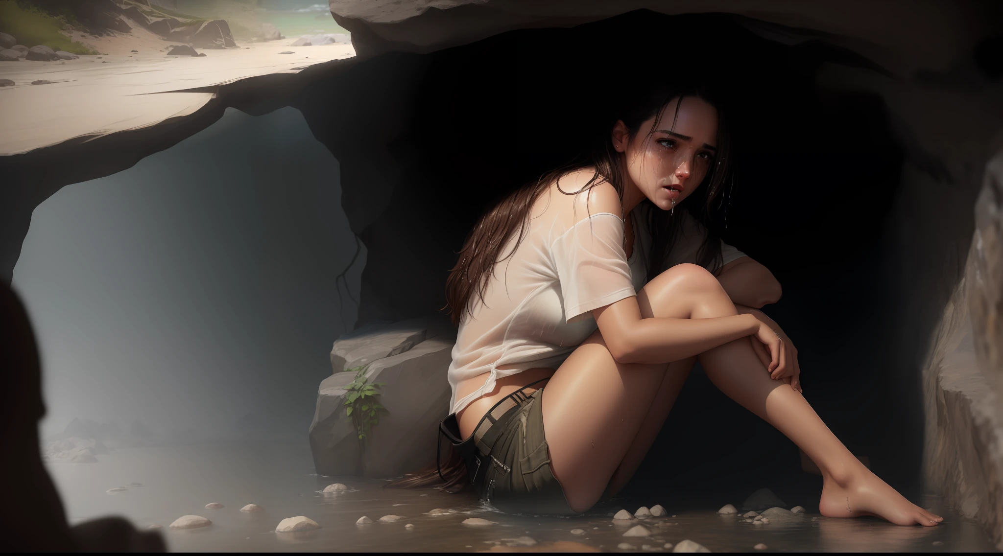 photorealistic, camera in front of face, full body portrait. somewhat dirty woman crying on her knees with her hands around her lap in her cave style background and rocky floor with teary eyes and tears streaming down her face and her mouth half open as if holding a choked cry, long brown hair somewhat wet and dirty scattered across her face, wearing a dirty half open dirty zipper shirt and long dirty ripped pants and barefoot, no undergarments. isometric details, a stunning realistic photograph, a stunning realistic photograph, 8k high definition medium dark lighting, highly detailed, detailed eyesm detailed face