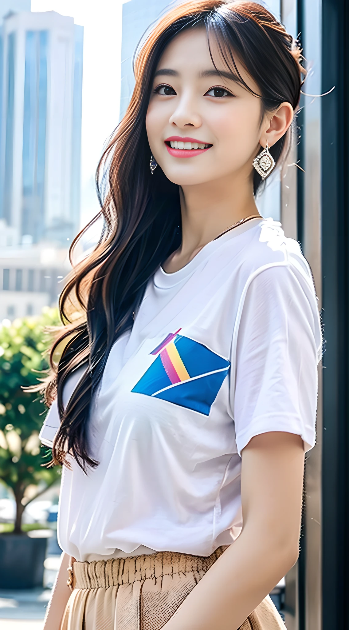 {Extremely delicate girl}, CG 8k wallpaper, masterpiece, cold expression, handsome, mid-chest figure, face the audience, fashion short skirt, cute t-shirt, rainbow-colored hair, high ponytail, black eyes, beautiful and delicate eyes {{a black crosshairpin}}, handsome, sweet smile, glowing hair, looking straight into the camera, diamond earrings, city background