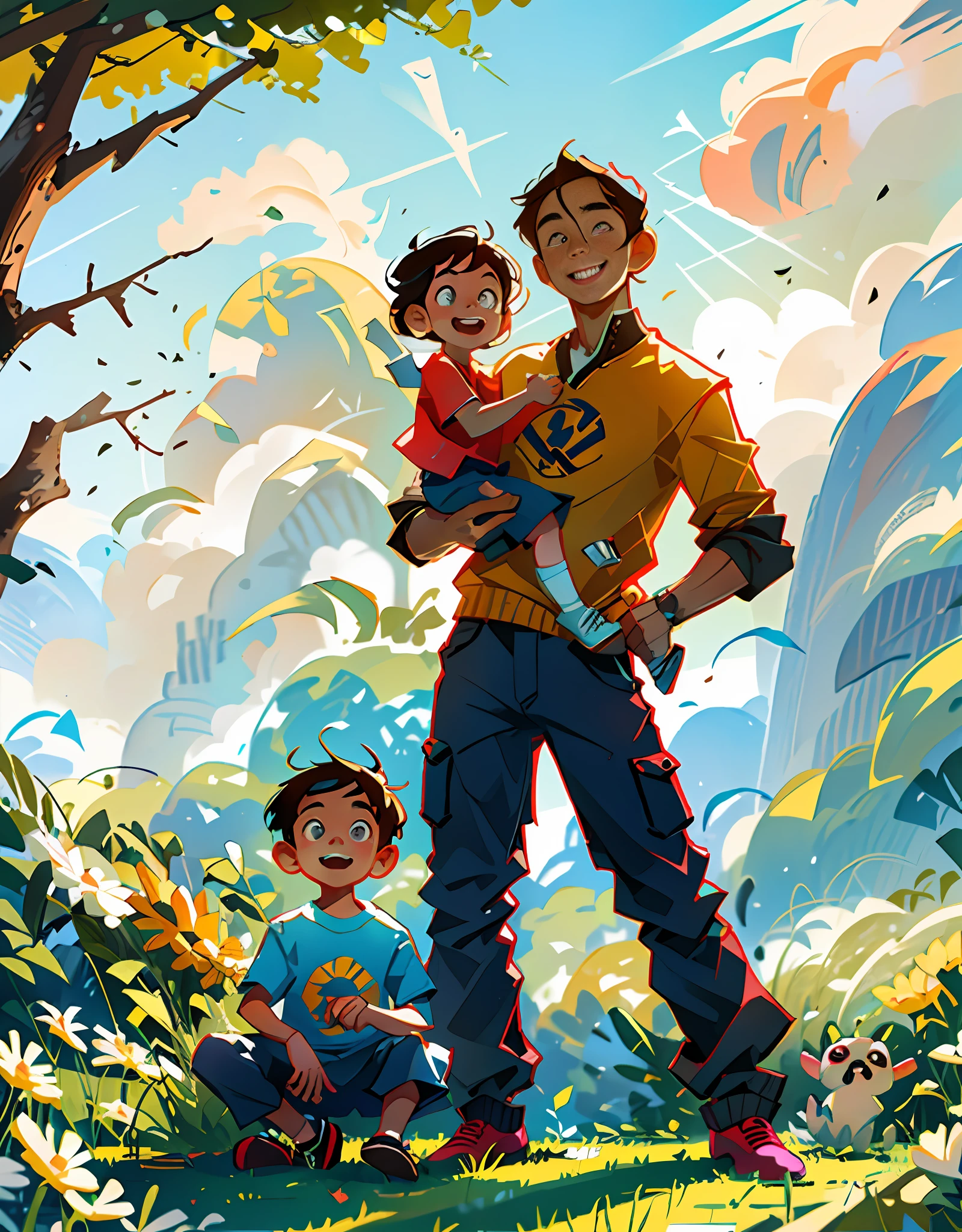 Illustration poster,, flat illustration, Father's Day, Asia, father and son, father smile, short hair,black hair,clear facial features, smile happiness on face, middle-aged father holding , grass,father is riding a bicycle on a country road,sunny, child sits on the bicycle,blue sky and white clouds, warm background for two people, bright colors, high saturation, contour light, warm bright, colorful, HD 8K ,