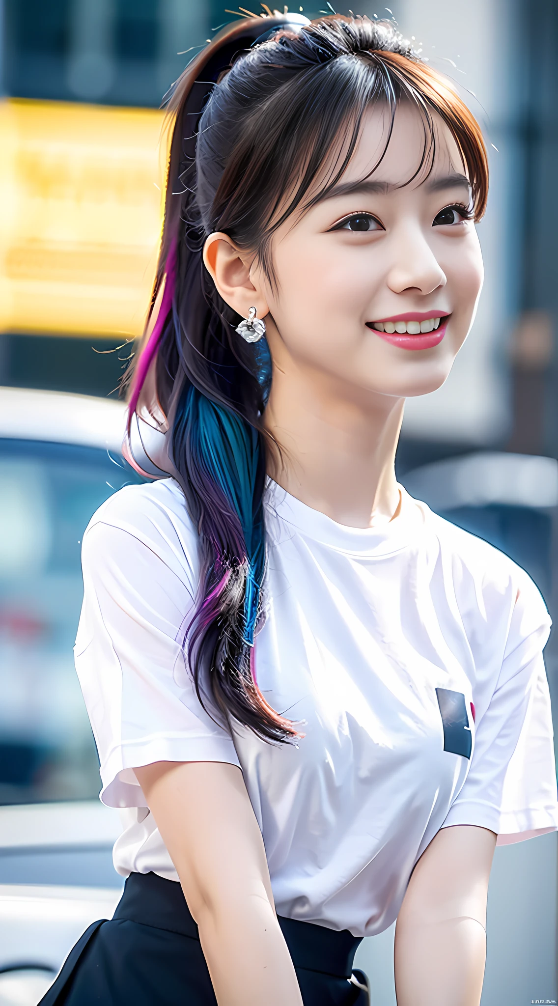 {Extremely delicate girl}, CG 8k wallpaper, masterpiece, cold expression, handsome, mid-chest body, face the audience, fashion short skirt, cute t-shirt, rainbow-colored hair, high ponytail, black eyes, beautiful and delicate eyes {{a black crosshairpin}}, handsome, sweet smile, glowing hair, looking straight into the camera, diamond earrings, urban background