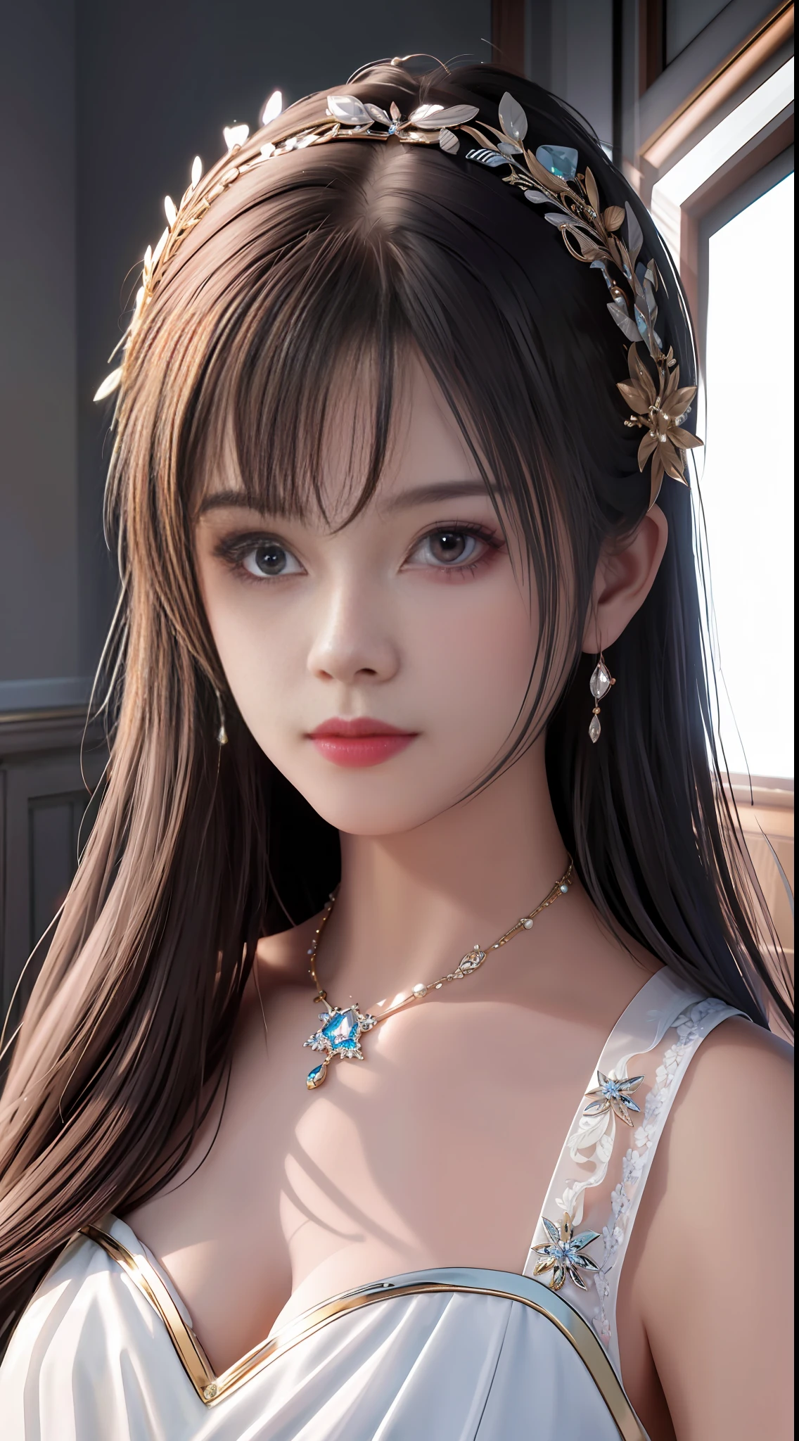 Best quality, masterpiece, high resolution, 1girl, porcelain dress, hair accessories, necklace, jewelry, beautiful face, on the body, Tyndall effect, realistic, dark studio, edge lighting, two-tone lighting, (high detail skin: 1.2), 8k UHD, dslr, soft light, high quality, volumetric light, candid, photo, high resolution, 4k, 8k, background blur,