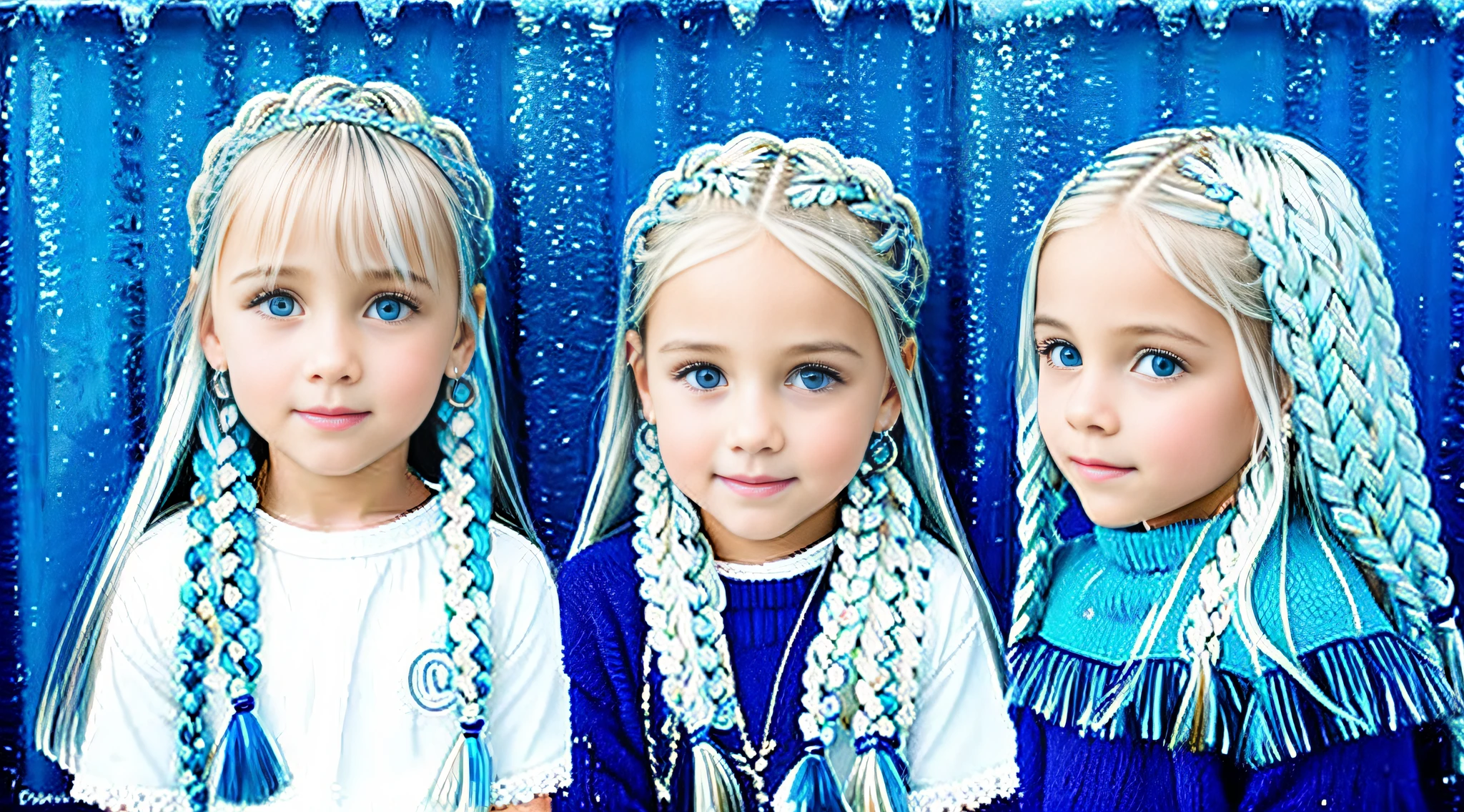 girls blonde children WITH STRAIGHT HAIR AND BRAIDS, PEROIL BLUE BACKGROUND, ICE LOTS OF ICE.