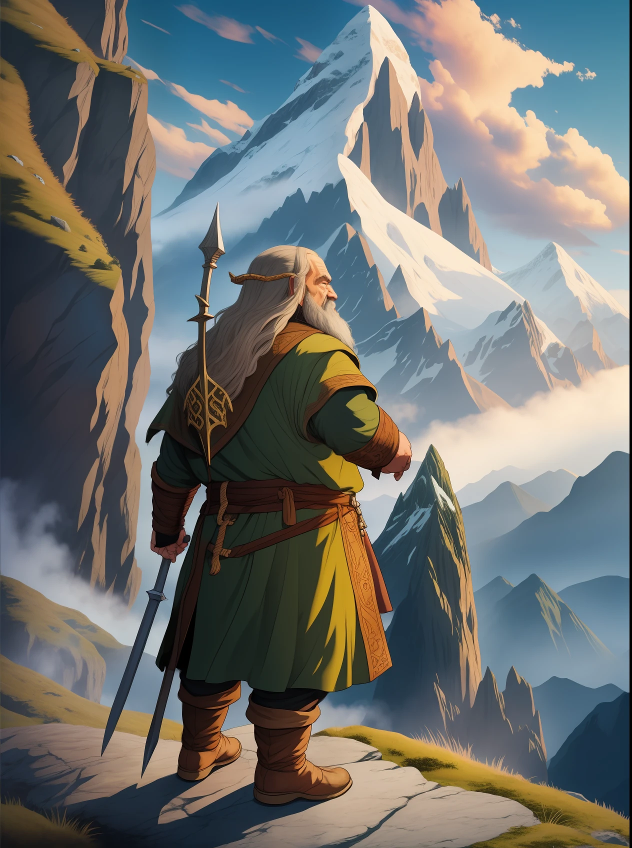 Lord of the Rings dwarf character, full body, on a cliff, mountains in the background, high resolution