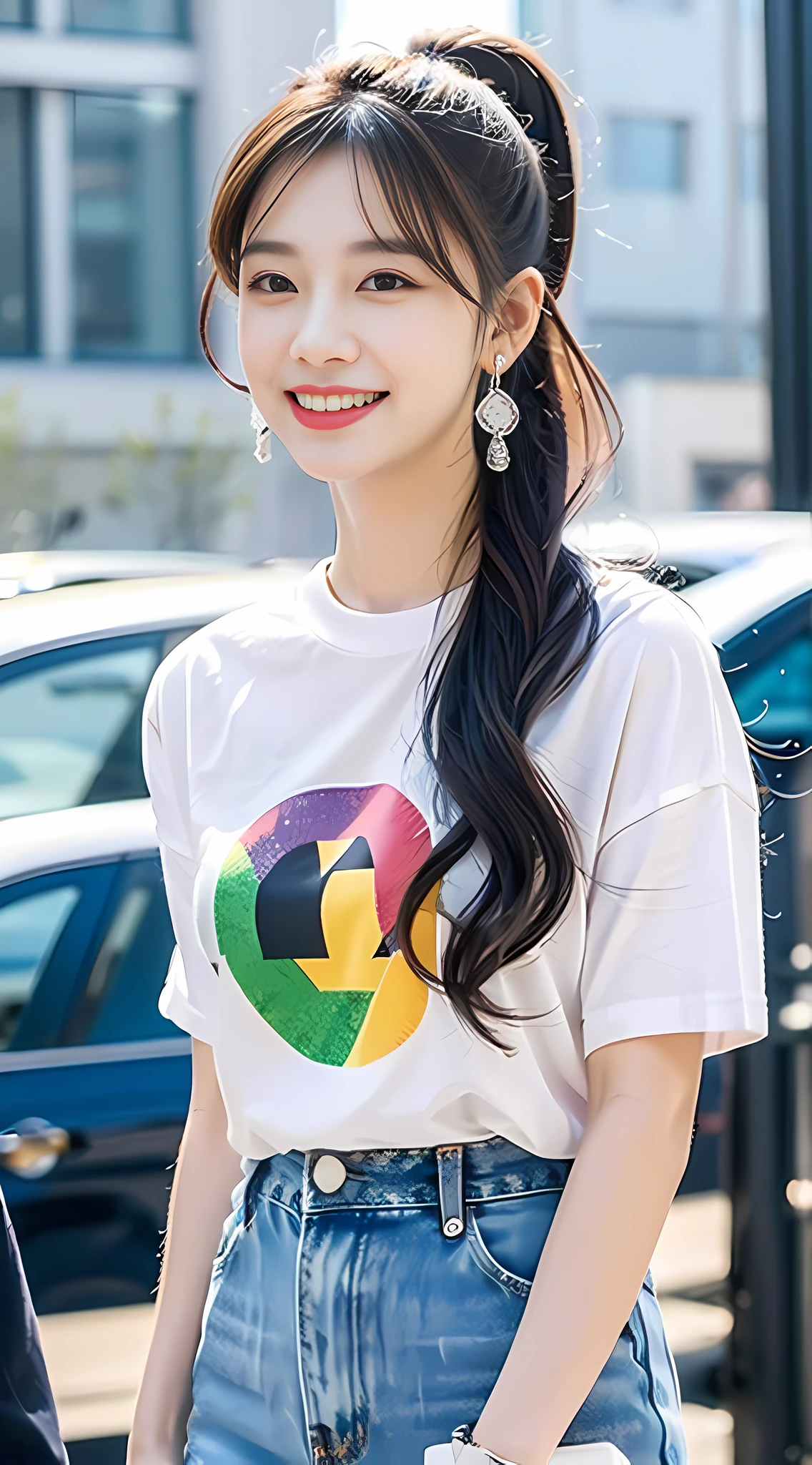 {Extremely delicate girl}, CG 8k wallpaper, masterpiece, cold expression, handsome, mid-chest body, face the audience, fashion short skirt, cute t-shirt, rainbow-colored hair, high ponytail, black eyes, beautiful and delicate eyes {{a black crosshairpin}}, handsome, sweet smile, glowing hair, looking straight into the camera, diamond earrings, urban background