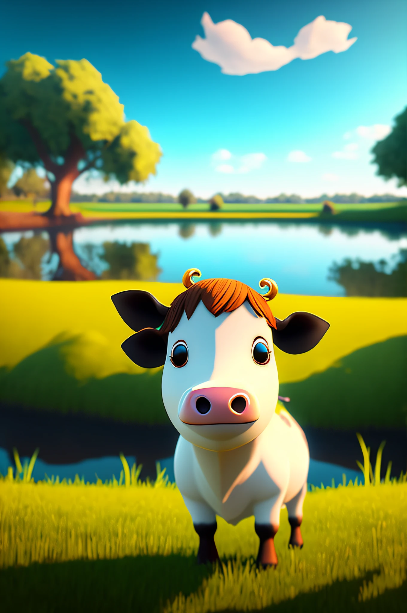 Beautiful and adorable cartoon cow standing in a field with a crystal clear lake in the background, beef, cow, pixar style, chibi style, stylized 3 D, stylized art, soft shading, stylized shading, beautiful detailed digital art, stylized digital art, soft shading, close portrait, close-up portrait photo, adorable digital painting, farm background