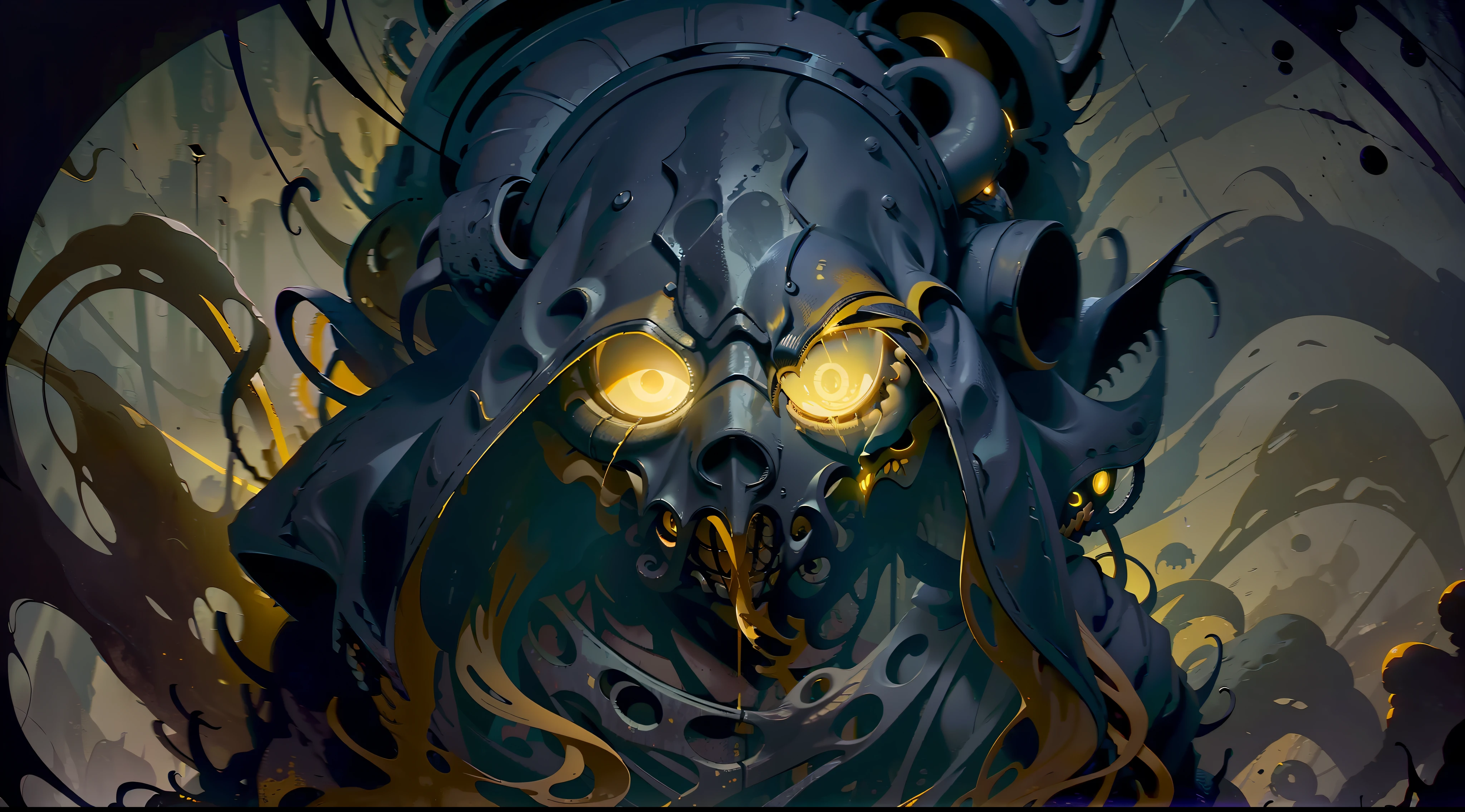 a dark yellow deformed monstrous entity, with a deformed human mask, yellow tentacles and bloody corpse, in the dark of the night, surrounded by dark yellow mist and tentacles, blood and darkness