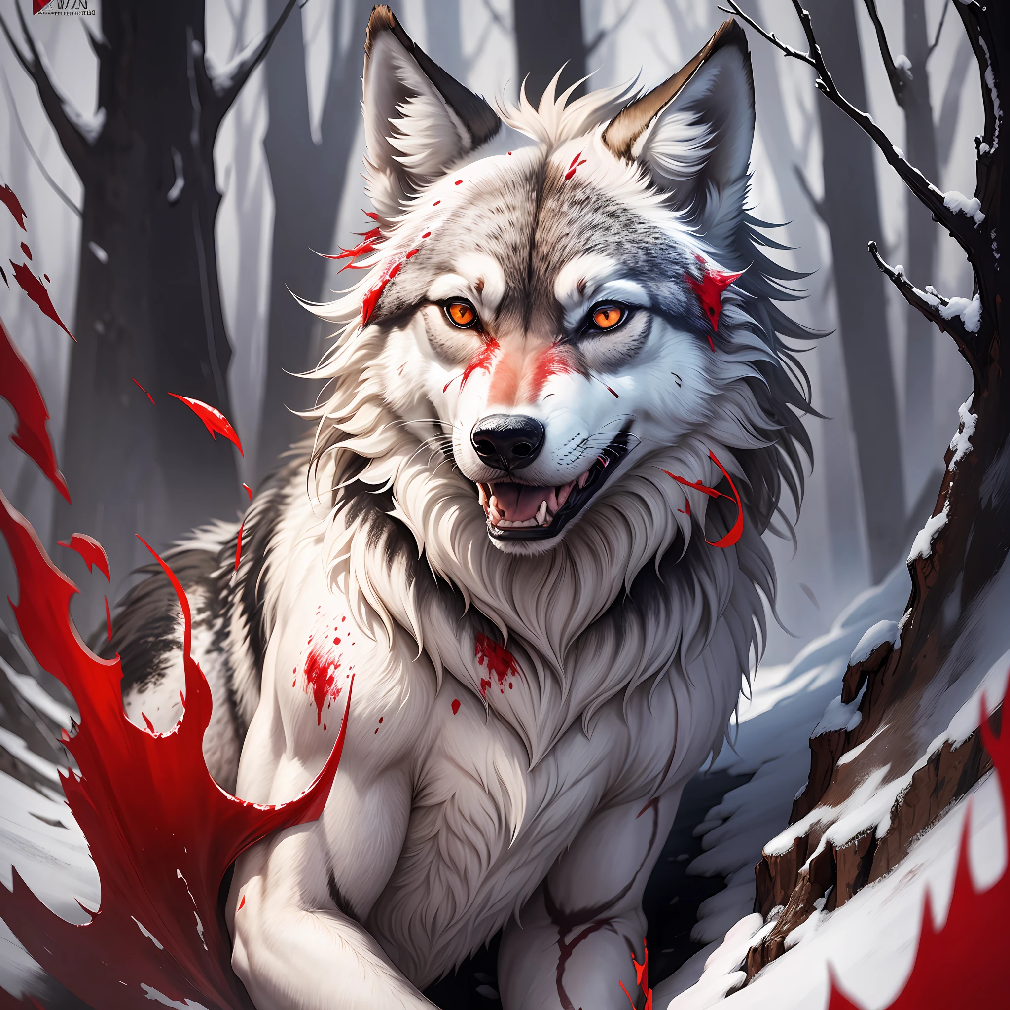 Wolf covered in blood, full of wounds, attack position