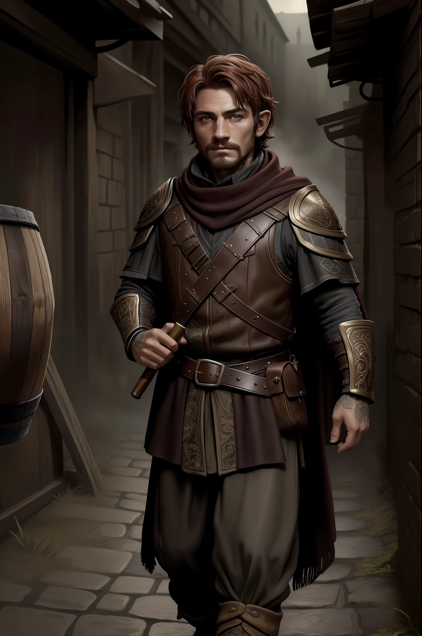 (Absurd, Intricate Details, Masterpiece, Best Quality, High Resolution, 8k), 1 man, masculine, young, short stature, halfling, hobbit, aged, terrible, finely detailed eyes and face, dark red short mustache hair, stubbly beard,hazel eyes, looking down, cape, solo, (full body:0.6), detailed background, detailed face, ( dark fantasy theme:1,1), face covered with scarf, racket, (tattoos:0,9), (crouched position:0.75), sturdy dark leather (armor: 0.7), strap, Dietrich, hood, small leather case, knife, high fantasy medieval setting, dark alley background, stealth, undercover, secret, stolen goods, (barrels in the background: 0.8), fog, dark atmosphere, , depth of field, VFX.