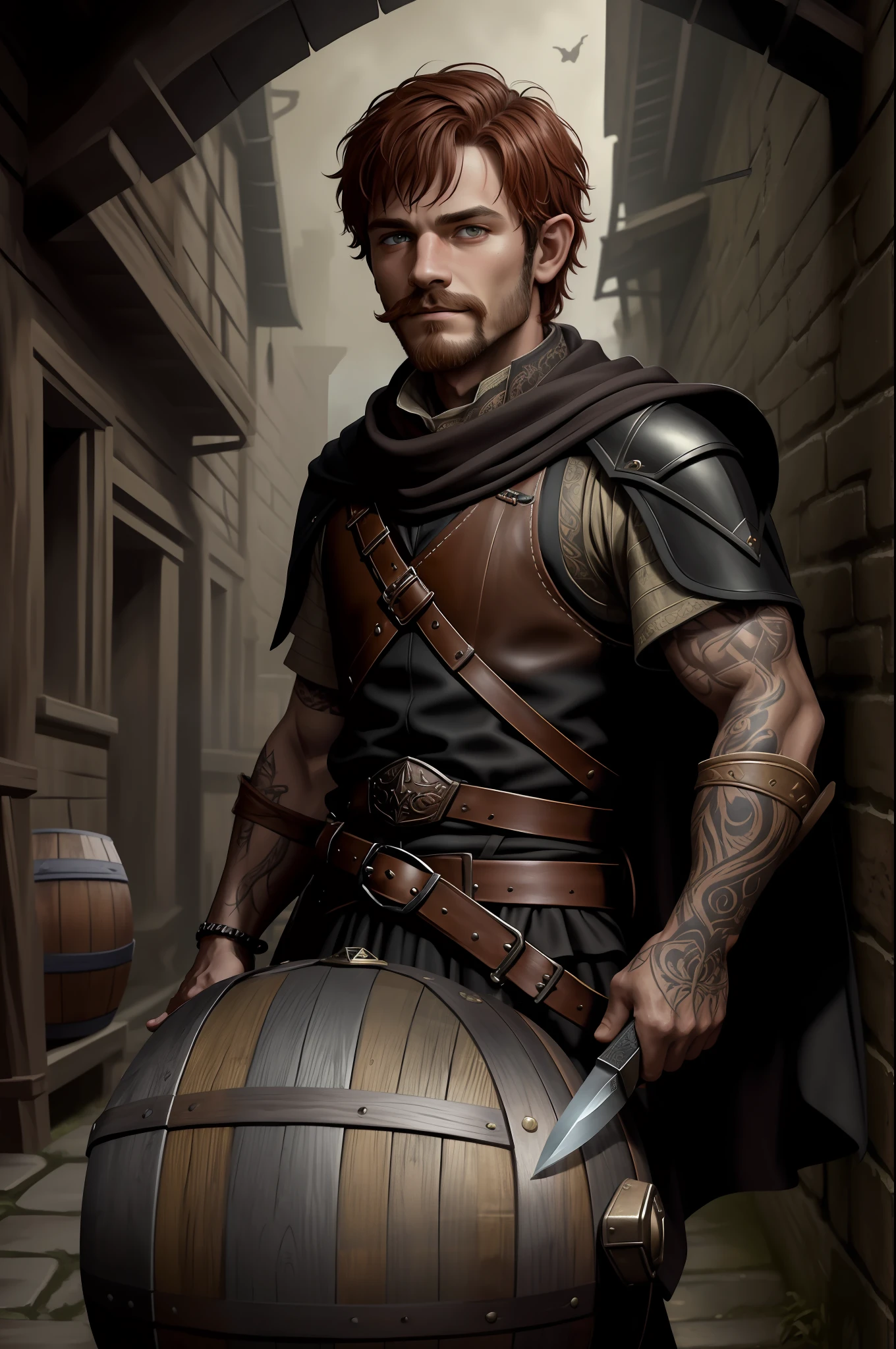 (Absurd, Intricate Details, Masterpiece, Best Quality, High Resolution, 8k), 1 man, masculine, young, short stature, halfling, hobbit, aged, mischievous grin, finely detailed eyes and face, dark red short mustache hair, 3 days beard, hazel eyes, looking down, cape, solo, (full body:0.6), detailed background, detailed face, ( dark fantasy theme:1,1), face covered with scarf, racket, (tattoos:0,9), (crouched position:0.75), sturdy dark leather (armor: 0.7), strap, Dietrich, hood, small leather case, knife, high fantasy medieval setting, dark alley background, stealth, undercover, secret, stolen goods, (barrels in the background: 0.8), fog, dark atmosphere, , depth of field, VFX.