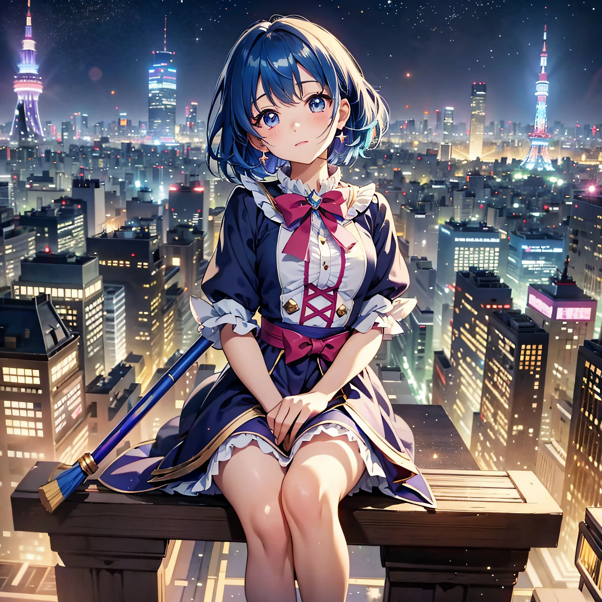 Above the sky of Tokyo, Tokyo Tower, magical girl sitting on a broom with a broom, flying on a broomstick, ((Masterpiece)))), (Highest Quality))), ((Super Detail)), ((Ultra Detailed)), (Illustration), ((Very Delicate and Beautiful)),(Bokeh,Blurry Background),(Best Shadow),1 Girl,Short Hair,Blue Hair, Cute,Precure,Cute,Sparkle eye highlight spots, character focus, head tilt, looking away