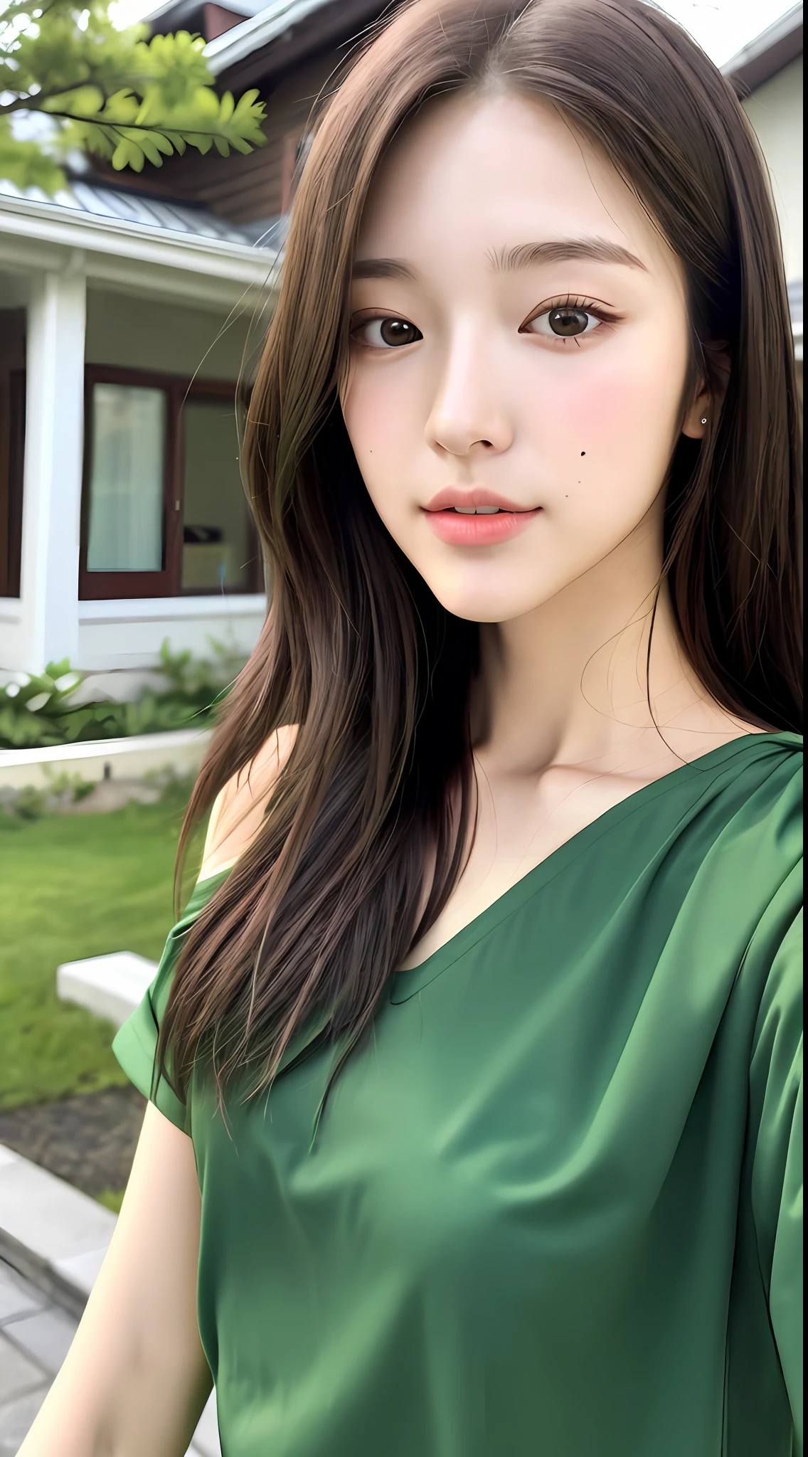 realistic photos of (1 cute Korean star) Shoulder-length hair, thin makeup, medium breasts size, green shirt, selfie, at in fron of the house, clear facial features of Canon EOS, 8K high resolution, sharp and realistic details.