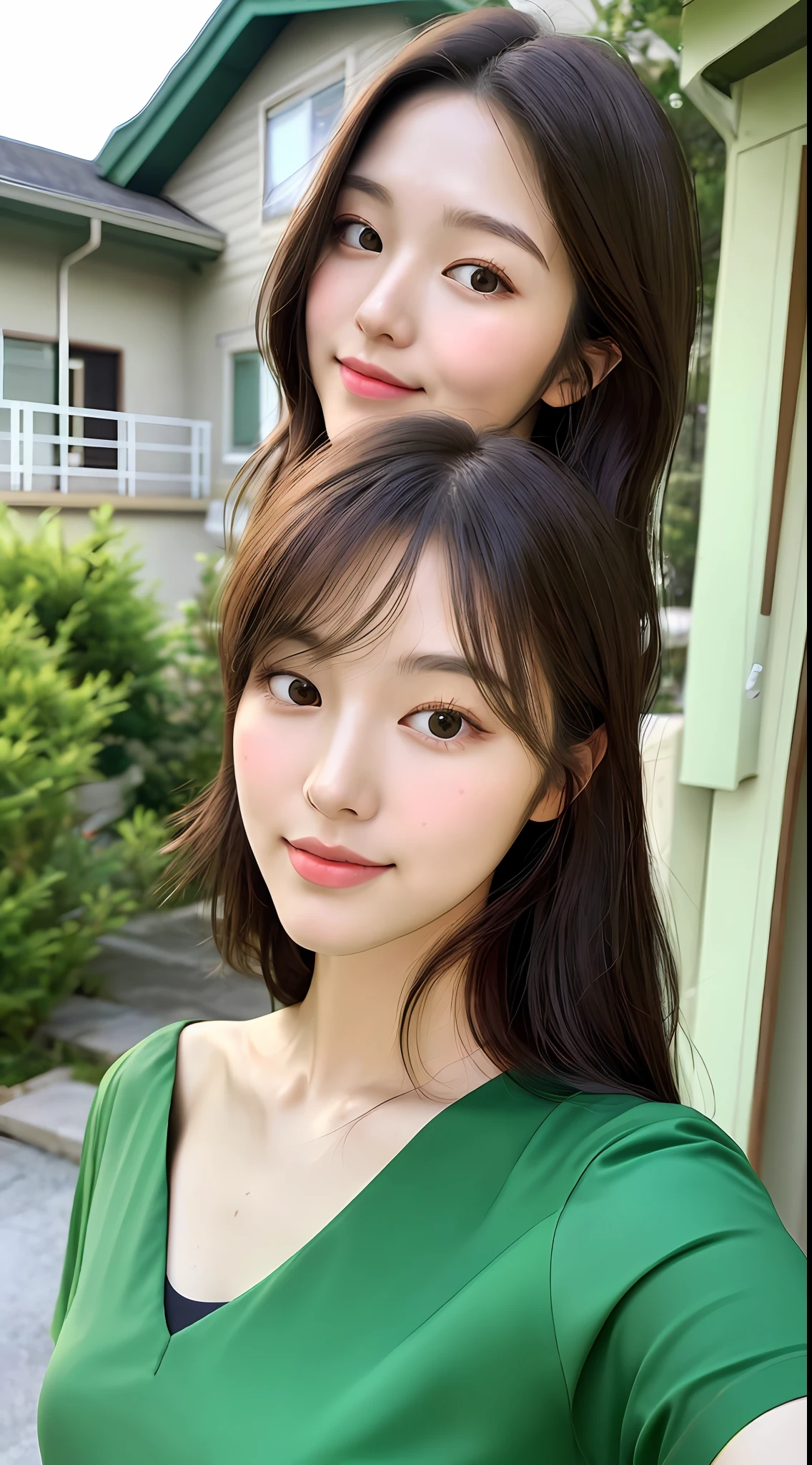 realistic photos of (1 cute Korean star) Shoulder-length hair, thin makeup, medium breasts size, green shirt, selfie, at in fron of the house, clear facial features of Canon EOS, 8K high resolution, sharp and realistic details.
