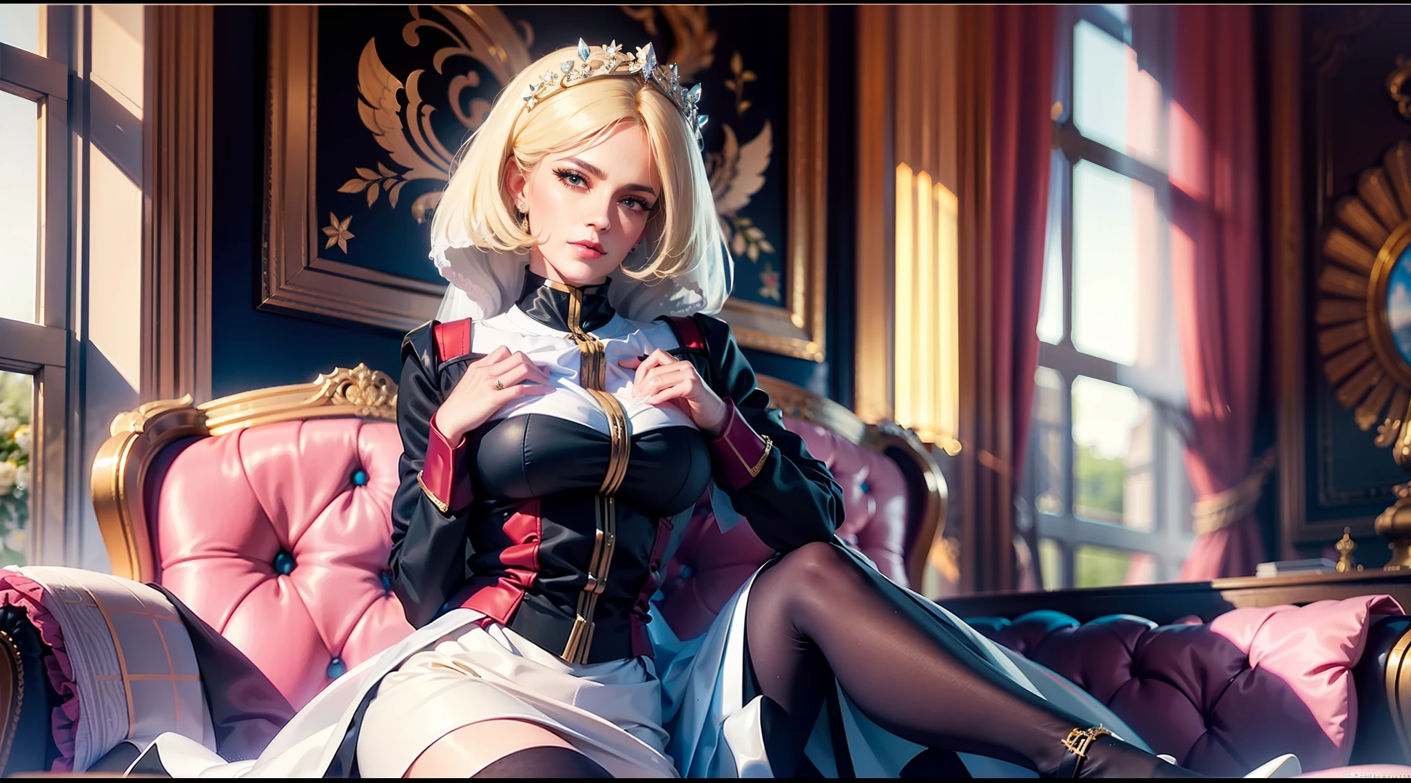 1girl, sera mass, elegant, masterpiece, intricate, realistic, best quality, interior, luxury villa, high facial detail, perfect eyes, mature woman, female journalist, illustration, bright colors, hands on chest, hands on chest, big breasts, white silk wedding dress, fluffy skirt, black high heels, black stockings, upturned legs, sitting on sofa, black stockings, black high heels, white silk wedding dress, fluffy skirt, dress, realistic facial details, realism, 3D faceSingle