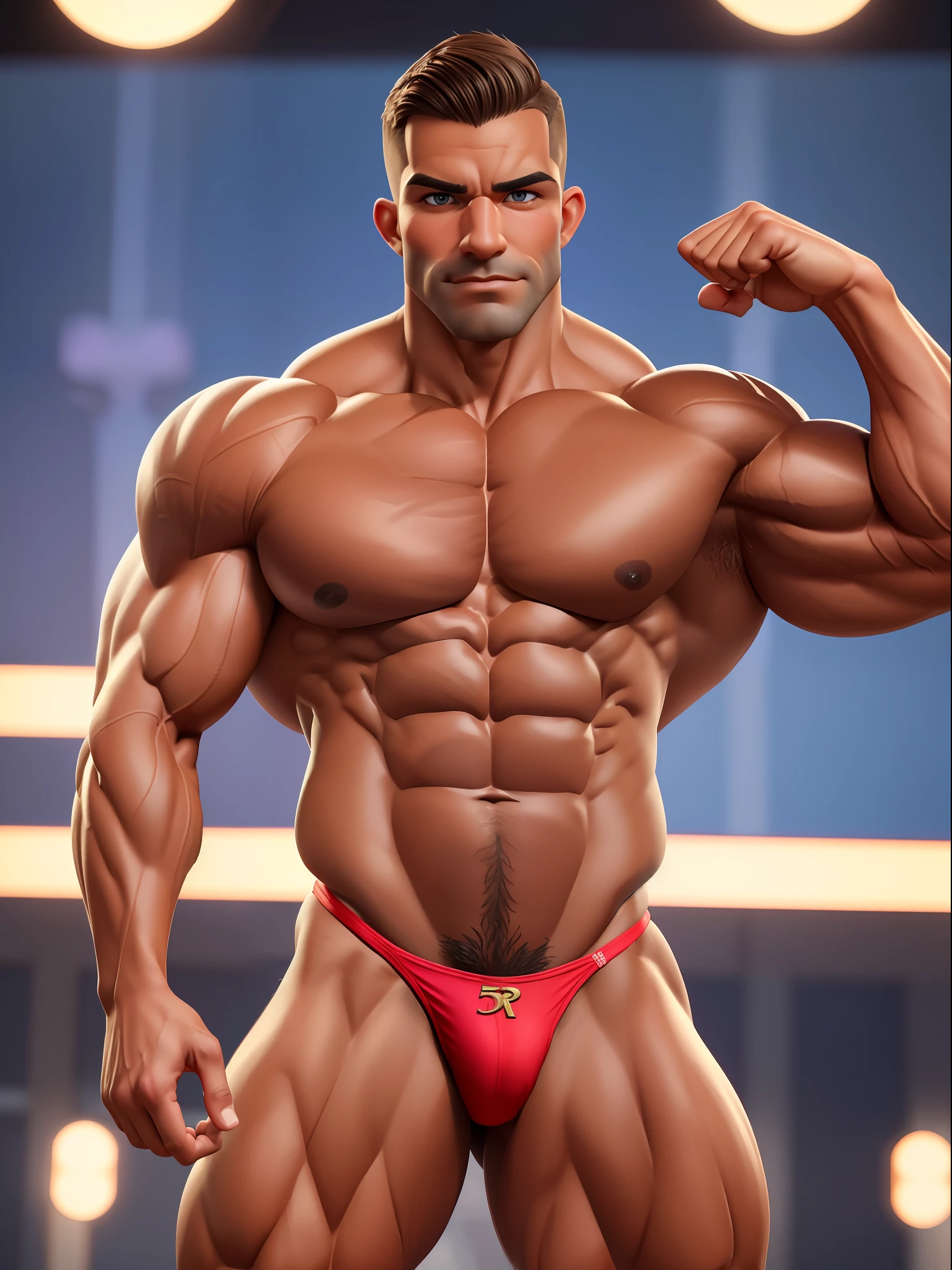 ((Bara)) solo, 30 year old (handsome daddy) Pro bodybuilder (who male pattern baldness) ((visible five o’clock shadow:1.5)), (short brown haircut degrade) with exaggerated muscles, ifbb fitness body, (gorgeous skin: 1.2), (flawless tan: 1.4) full body, (((Extra muscles))), (perfect narrow hips:1.2) (barefeet) lightly oiled skin, detailed fingers, detailed eyes and extremely detailed face, beautiful detailed nose, beautiful detailed eyes; posing (classic bodybuilding pose) on stage (wearing simple, perfect fit, accentuating the curves, single color posing thong) at an NPC bodbuilding contest, classic bodybuilding pose, Nikon, anatomically correct, textured skin, best quality, 4K