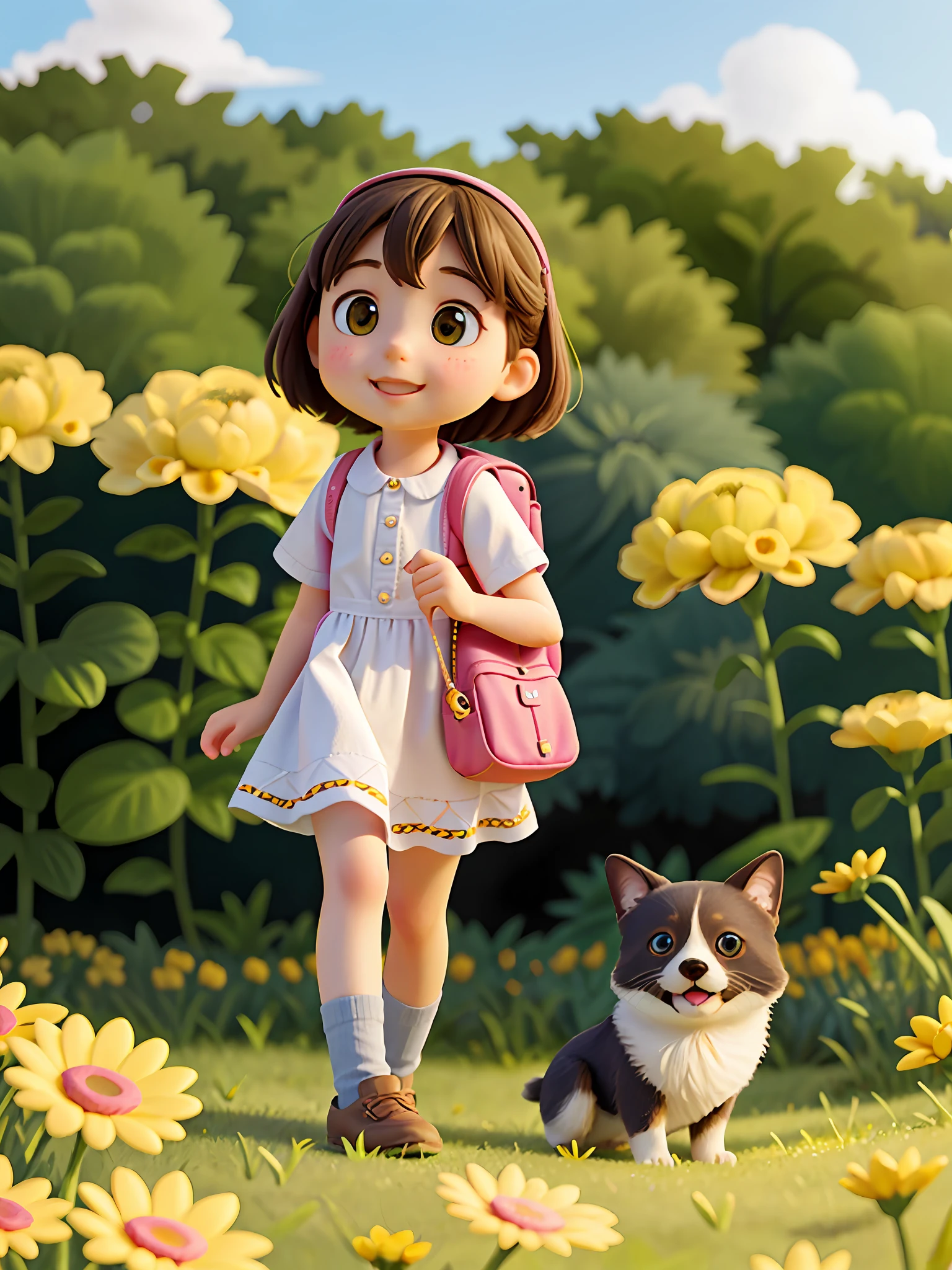 A very charming little girl with a backpack enjoying a beautiful spring walk surrounded by beautiful yellow flowers and nature. The illustration is a high-definition illustration with highly detailed facial features and cartoon-style visuals.