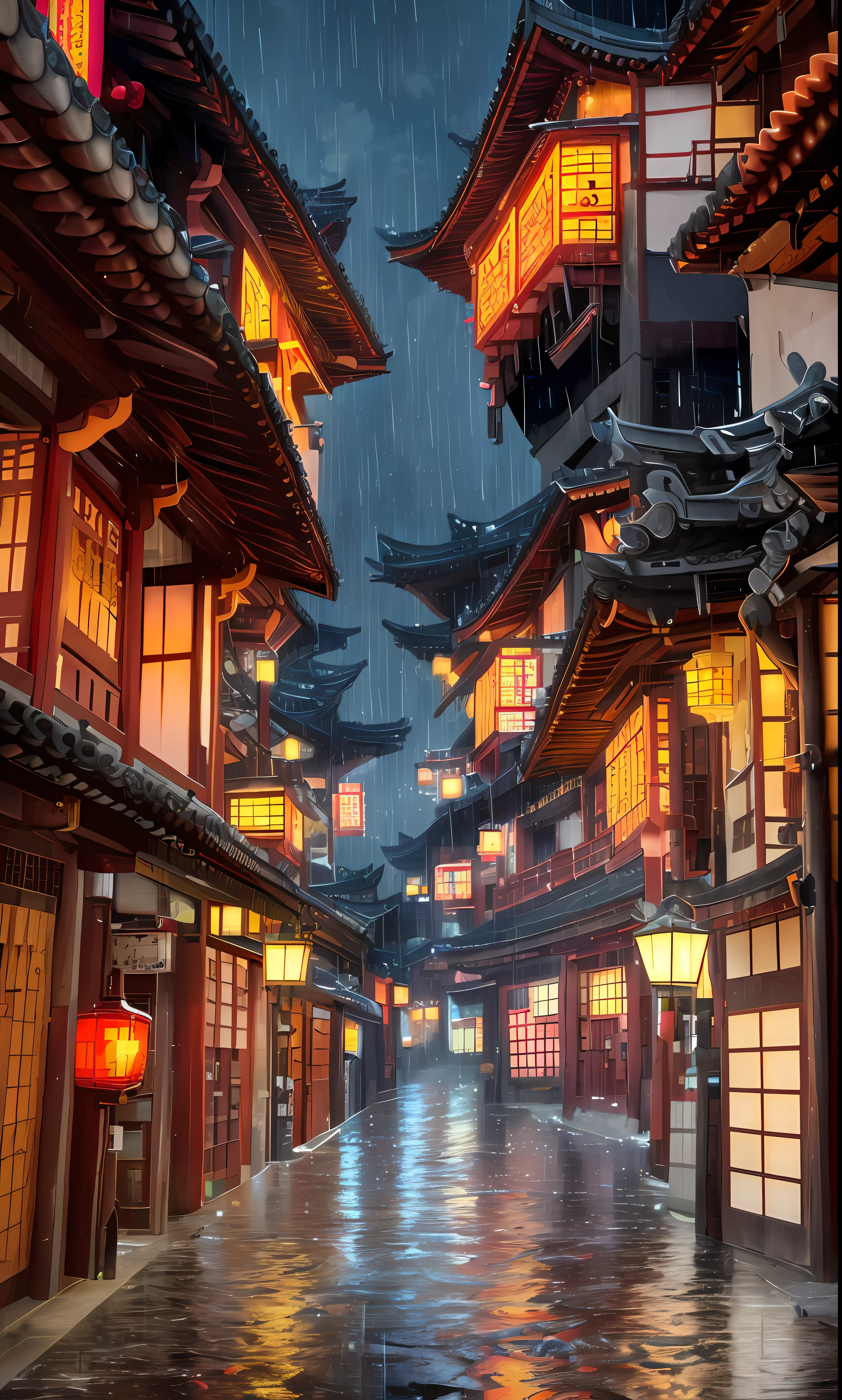 arafed view of a village with a lot of lights on the buildings, dreamy chinese town, chinese village, amazing wallpaper, japanese town, japanese village, hyper realistic photo of a town, old asian village, japanese city, by Raymond Han, rainy evening, cyberpunk chinese ancient castle, beautifully lit buildings, at evening during rain, beautiful and aesthetic, photography, cinematic, 8k, high detailed ((Heavy rain)))