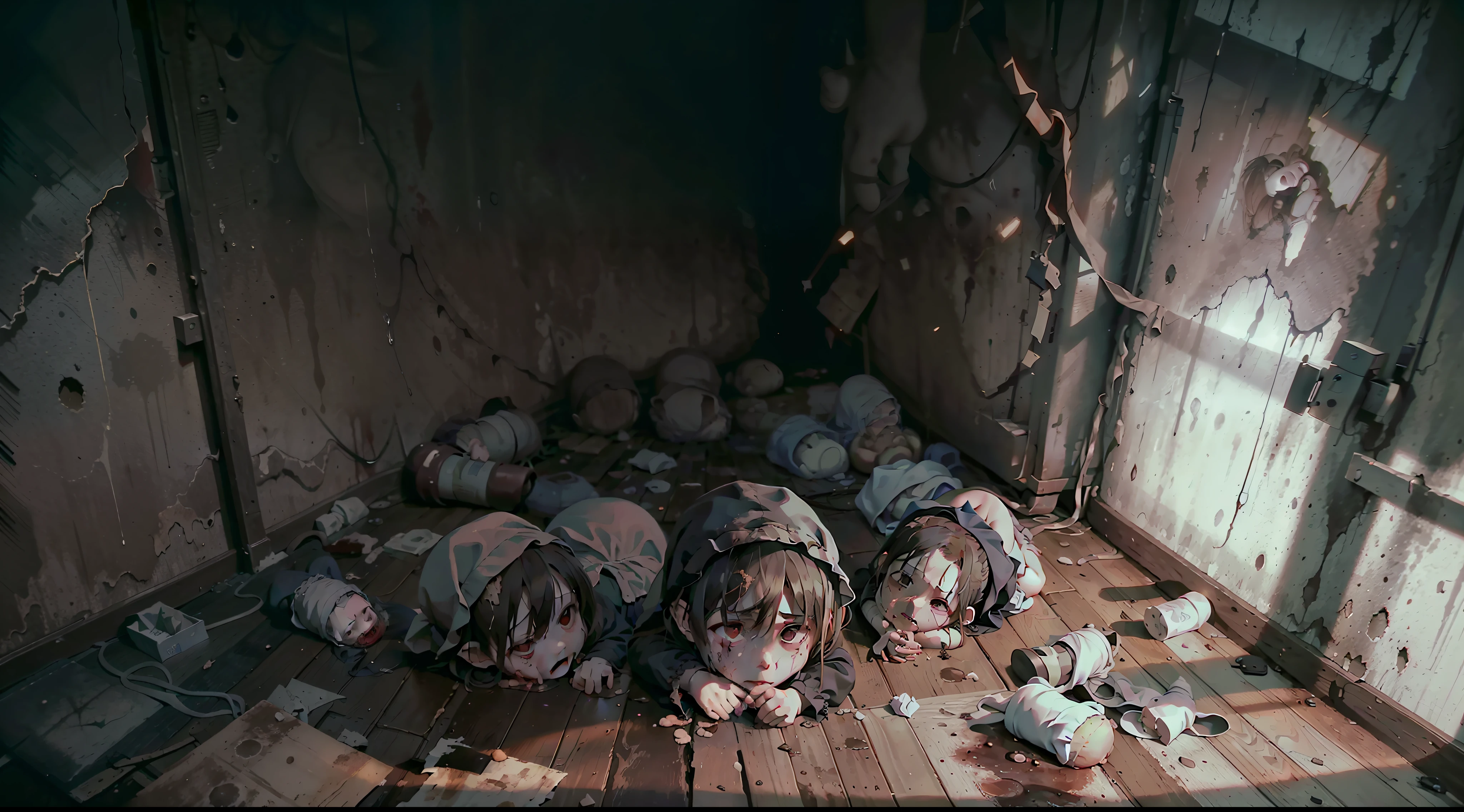 dark scene, long shot, a group of little babies and fetus in a dirty floor, dirty dark walls, dark and gross room, horror scene, darkness, terrific, bloody, dirty, dark mood, suffering, pain