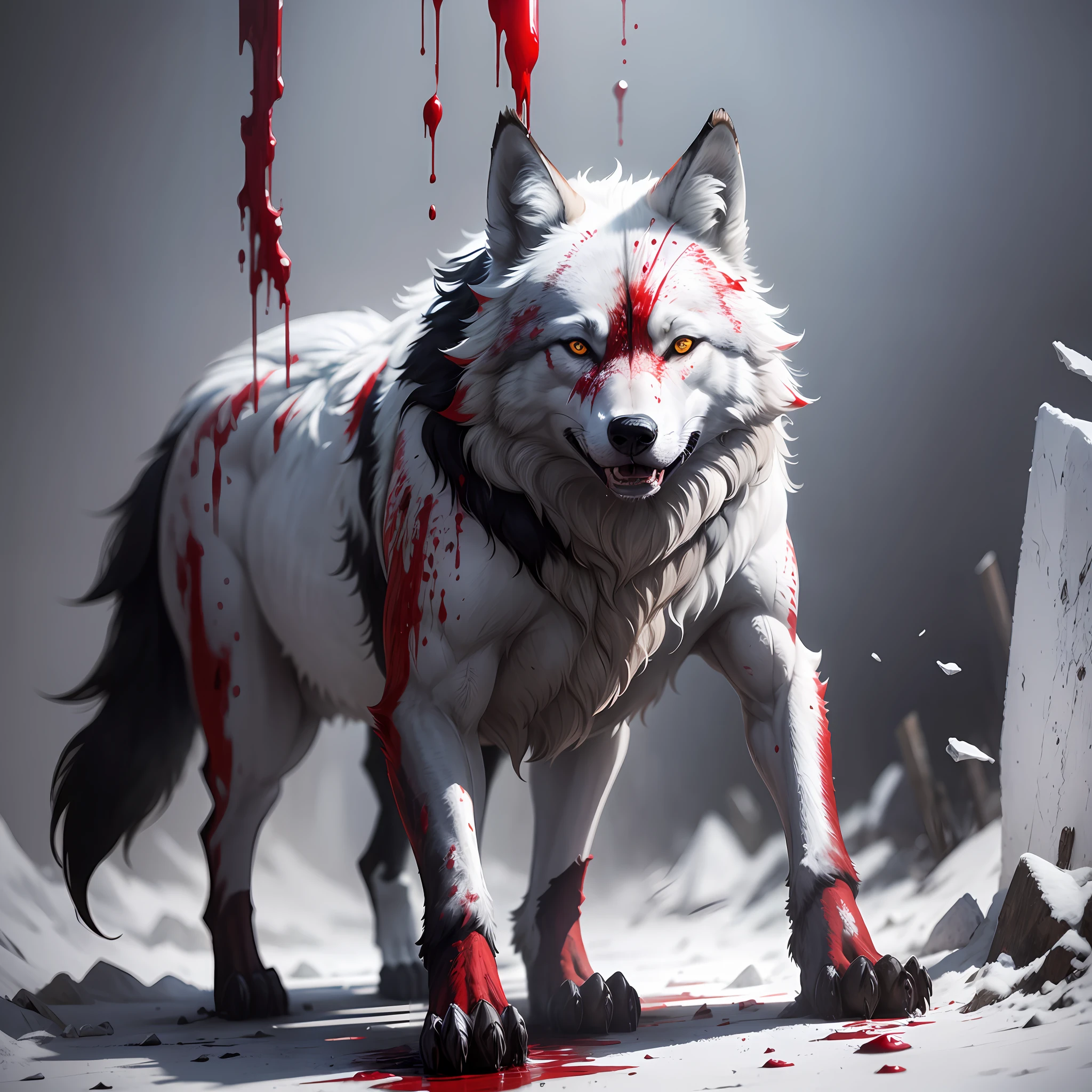 Wolf covered in blood, full of wounds, standing looking forward