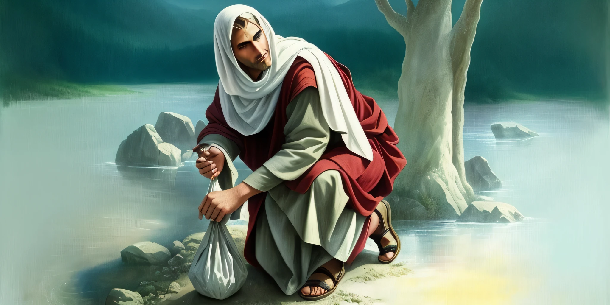 oil painting of a kneeling man burying a coin bag, biblical image, he has a treasure with him, biblical illustration, biblical art style, epic biblical representation, moses, full of water, beautiful representation, biblical art, using a 🖥 , biblical painting, beautiful image, 🤠 ! holding in your hand!, beautiful image already created, colorful illustration, biblical clothes --auto --s2