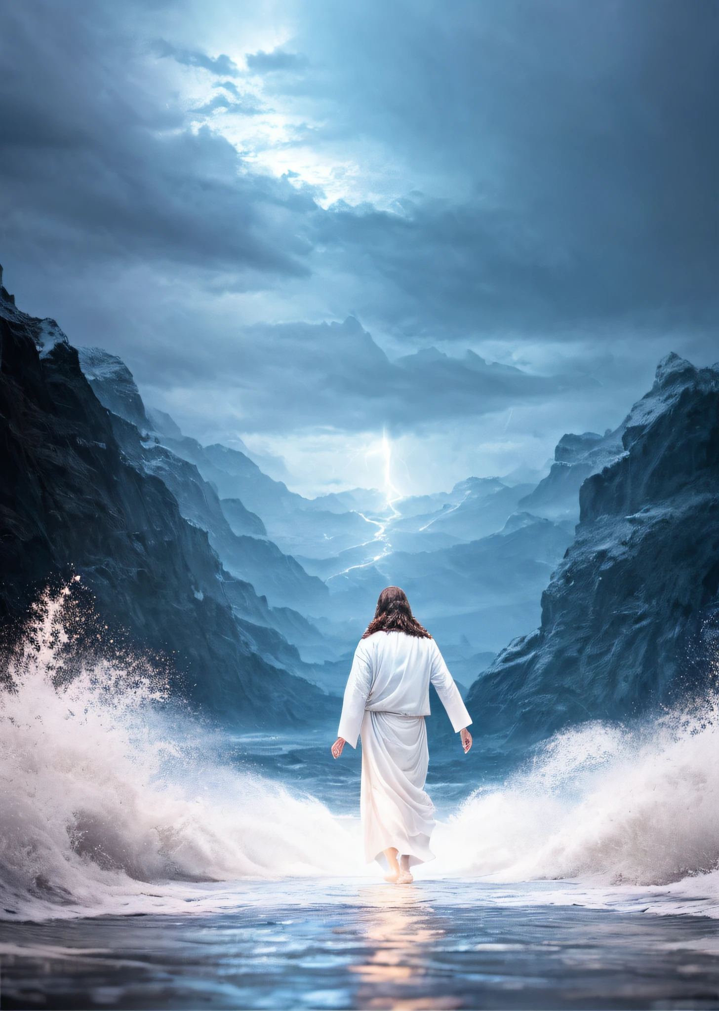 Jesus walking on water in a storm, gentle expression, streaks of light coming down from the sky, masterpiece, highest quality, high quality, highly detailed CG unit 8k wallpaper, award-winning photos, bokeh, depth of field, HDR, bloom, chromatic aberration, realistic, very detailed, trending at artstation, trending at CGsociety, complex, high detail, dramatic, mid-journey art, volumetric lighting