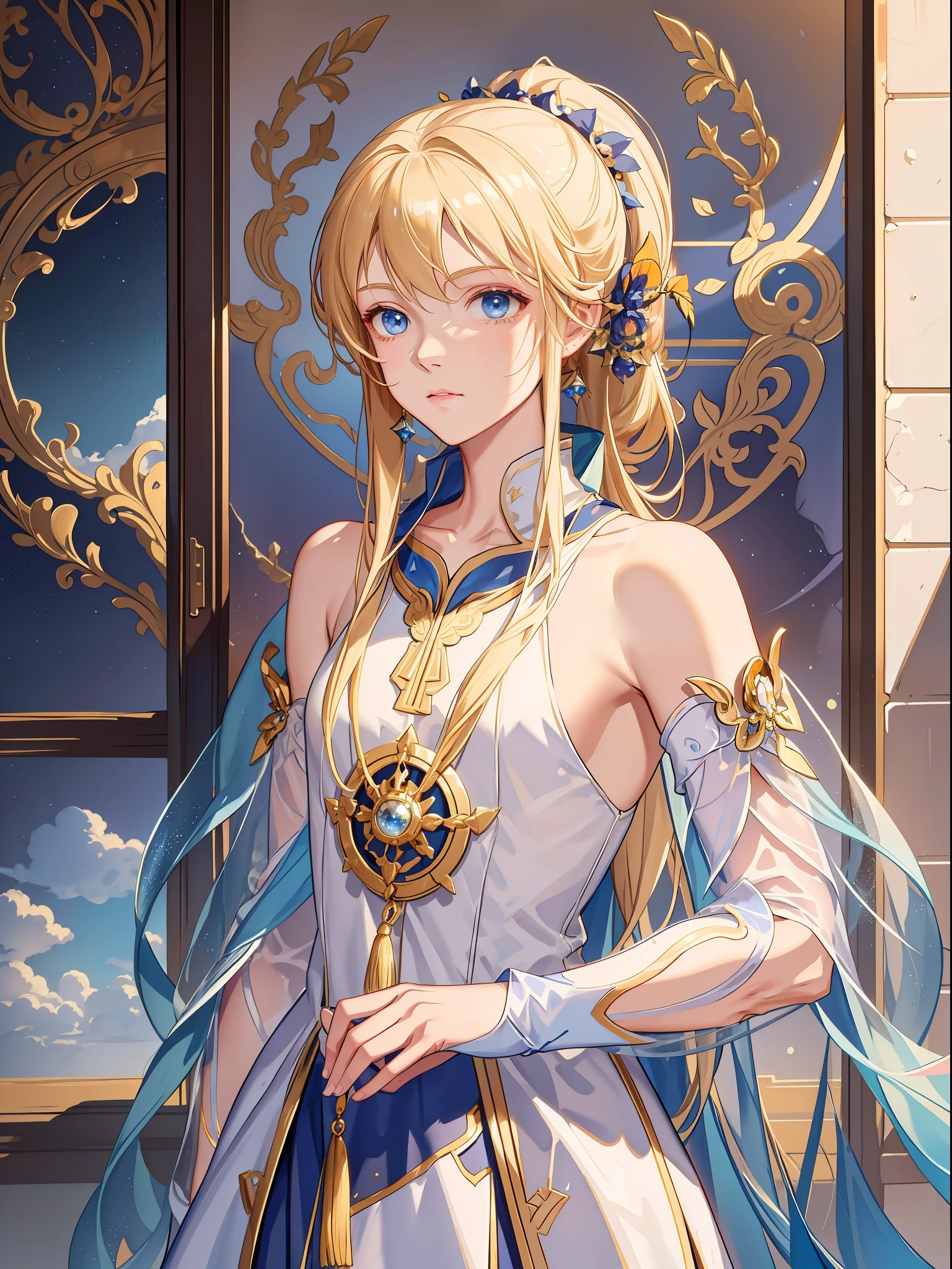 (absurdres, highres, ultra detailed), 1man, solo, wavy blonde hair, adult, blue eyes, ponytail, male focus, beautiful face, casual clothes, charming, lovely, white sun dress, transparent, breeches, oversize, bare shoulders, collarbone, space opera, sci-fi background, detailed clothing, intricate detailes, scarf, golden ornament, (short dress:1,4), skinny,