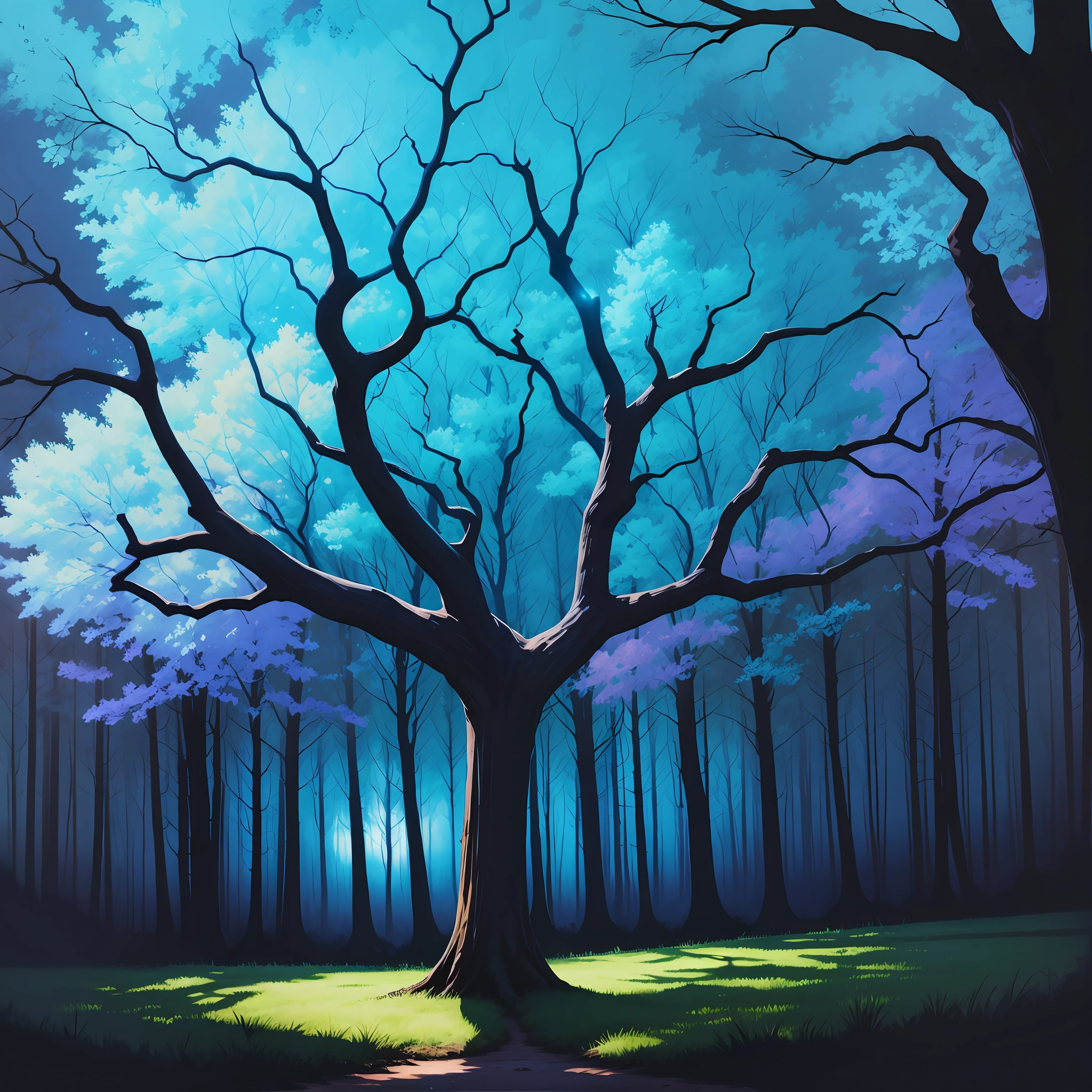 Blue-leaved tree, bright, neon, dark shadows