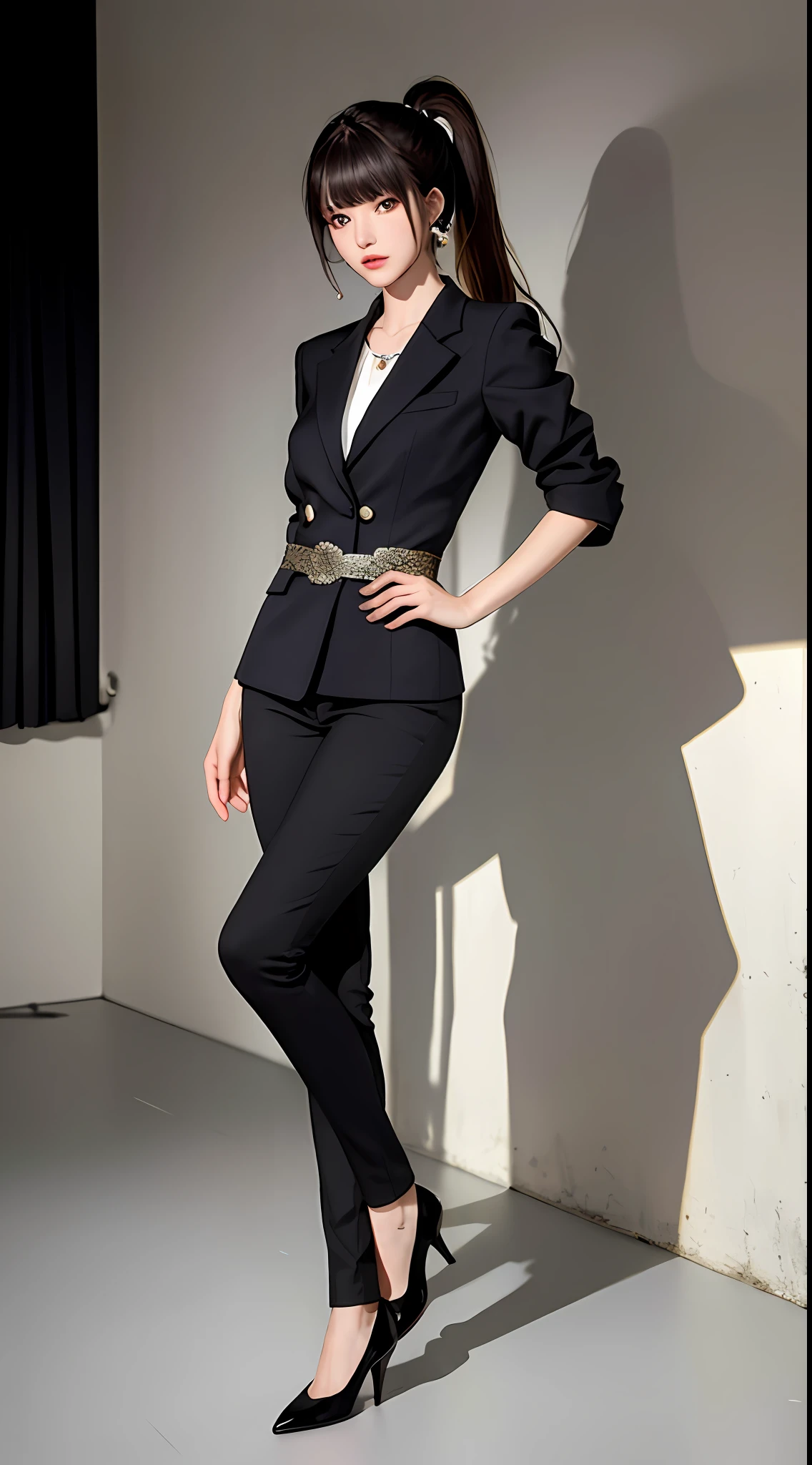(Masterpiece, Best Quality, 1 Girl, Full Body, Solo, Intricate Details, Chromatic Aberration), (Reality), (Skin), 1 Girl Shizuku High Ponytail, ((Middle Breath)), (Brunette Hair, Blunt Bangs), Detailed Hair, Blue Highlight, Hair Over One Eye, Black Eye, Small Earrings, Sharp Eyes, ((Black Long Suit)), Jeans, (Symmetrical Eyes), (Perfectly Symmetrical Body), Night, ((Natural Light))), backlit against gray walls, dim lighting, standing, (looking at the audience), ((full-body shot, from the front))),
