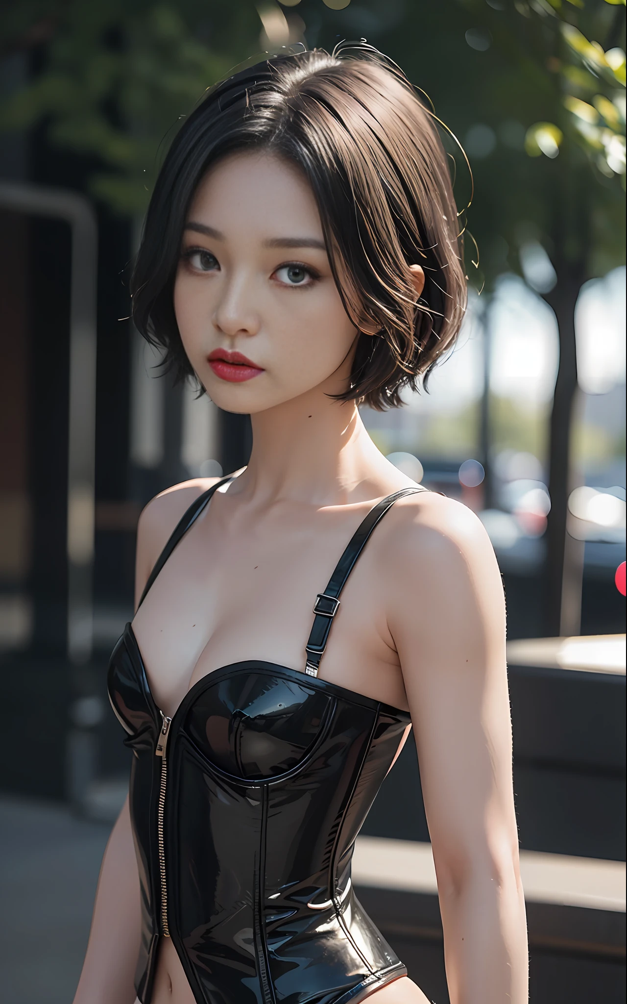 Black Corset, Shiny Bondage, Gentle Face, Rubber, Boyish Short Hair (1.5), Short Hair, BDSM, Slave, Sexy Pose Woman (2), Downtown Tokyo (1.3), Sunny Sky (1.6), ((Best Quality, 8k, Masterpiece: 1.3)), Sharp Focus: 1.2, Beautiful Woman with Perfect Figure: 1.4, Slender Abs: 1.2, ((Layer Cut, Big: 1.2)), highly detailed face and skin texture, detailed eyes, bold poses (1.5), small face