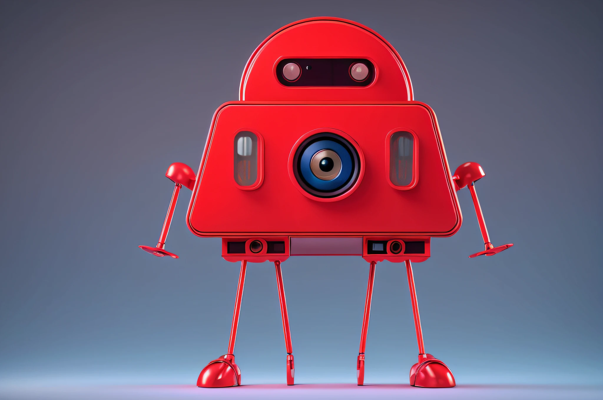 3D, 3D, OC rendering, blind box toy robot, red appearance, cylindrical legs and hands, round head, with palms, glowing eyes, head is hemispherical, thicker arms, palms,