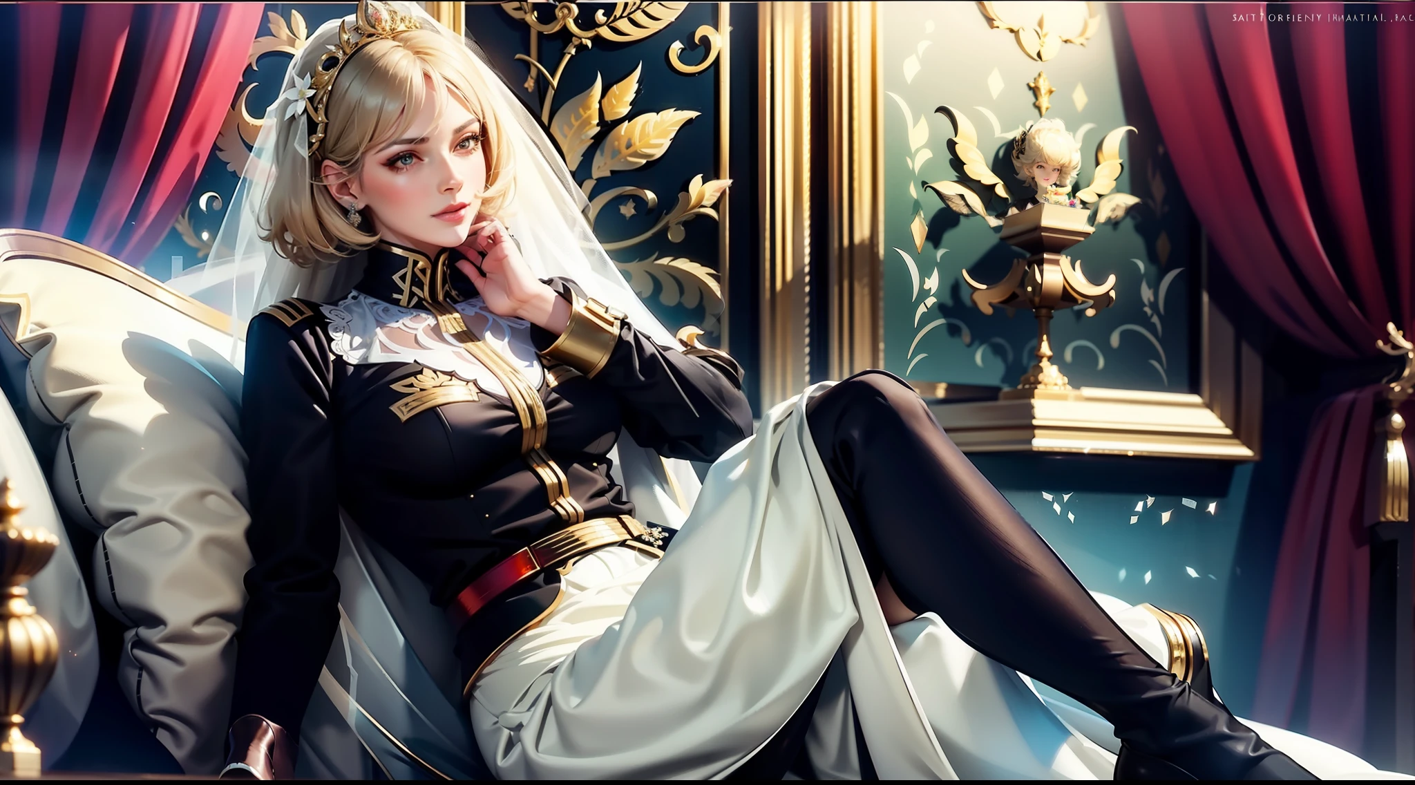 1girl, sera mass, elegant, masterpiece, intricate, realistic, best quality, interior, luxury villa, high facial detail, perfect eyes, mature woman, female journalist, illustration, bright colors, hands on chest, hands on chest, big breasts, white silk wedding dress, fluffy skirt, black high heels, black stockings, upturned legs, sitting on sofa, black stockings, black high heels, white silk wedding dress, fluffy skirt, dress, realistic facial details, realism, 3D faceSingle