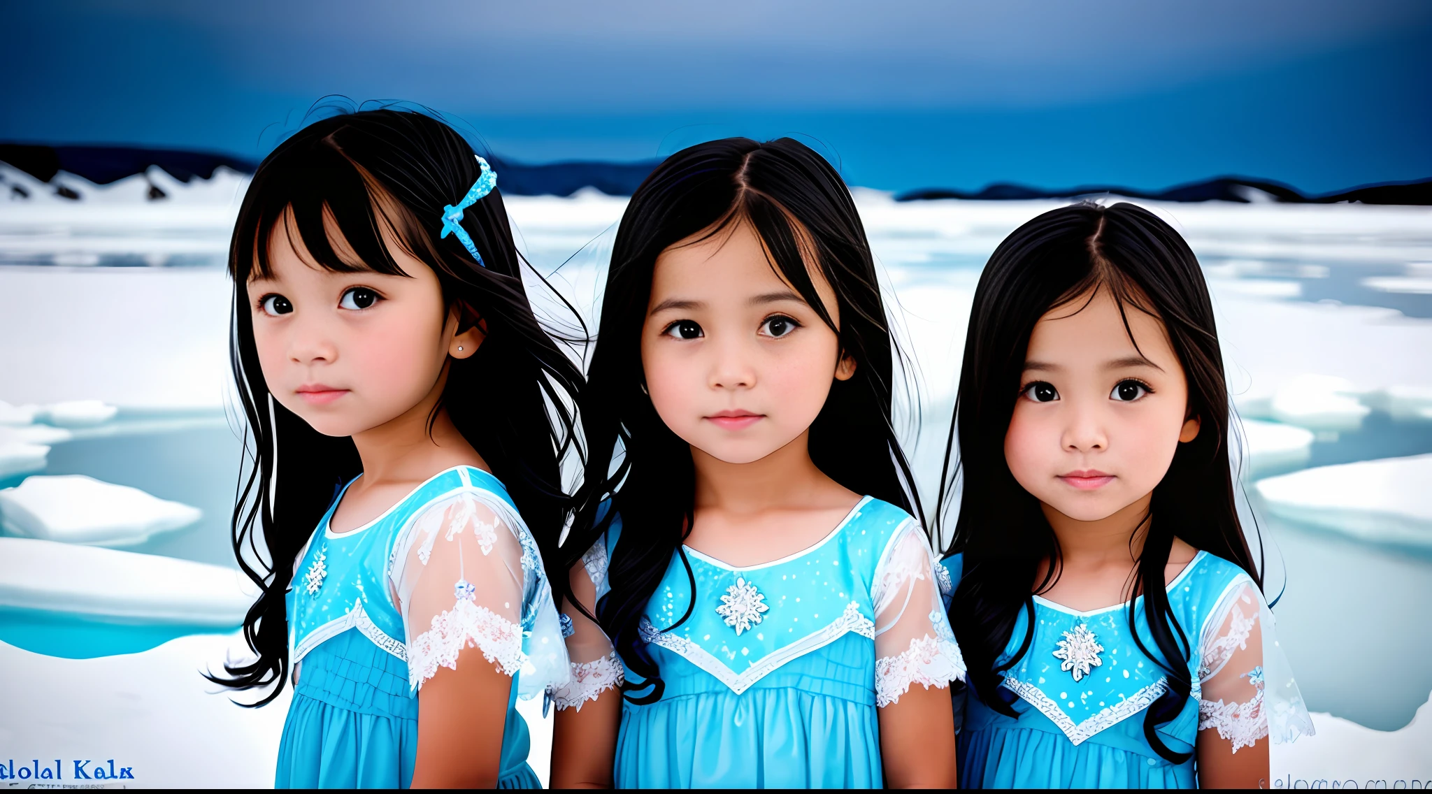 girls children WITH smooth dark HAIR, peroil blue BACKGROUND, ice very ice.