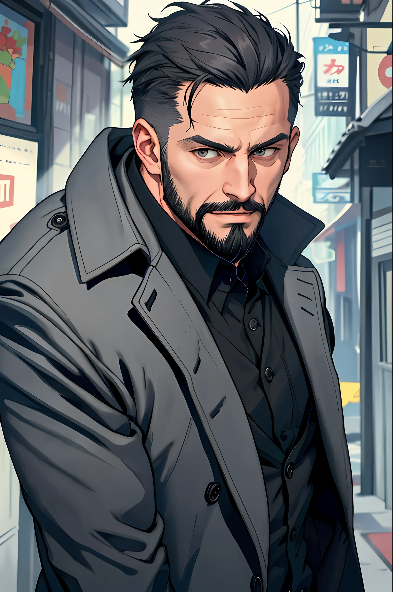 Russian, gray, beard to do, detective clothes, black overcoat, cigarette, upper body, detailed face, masterpiece, great quality.