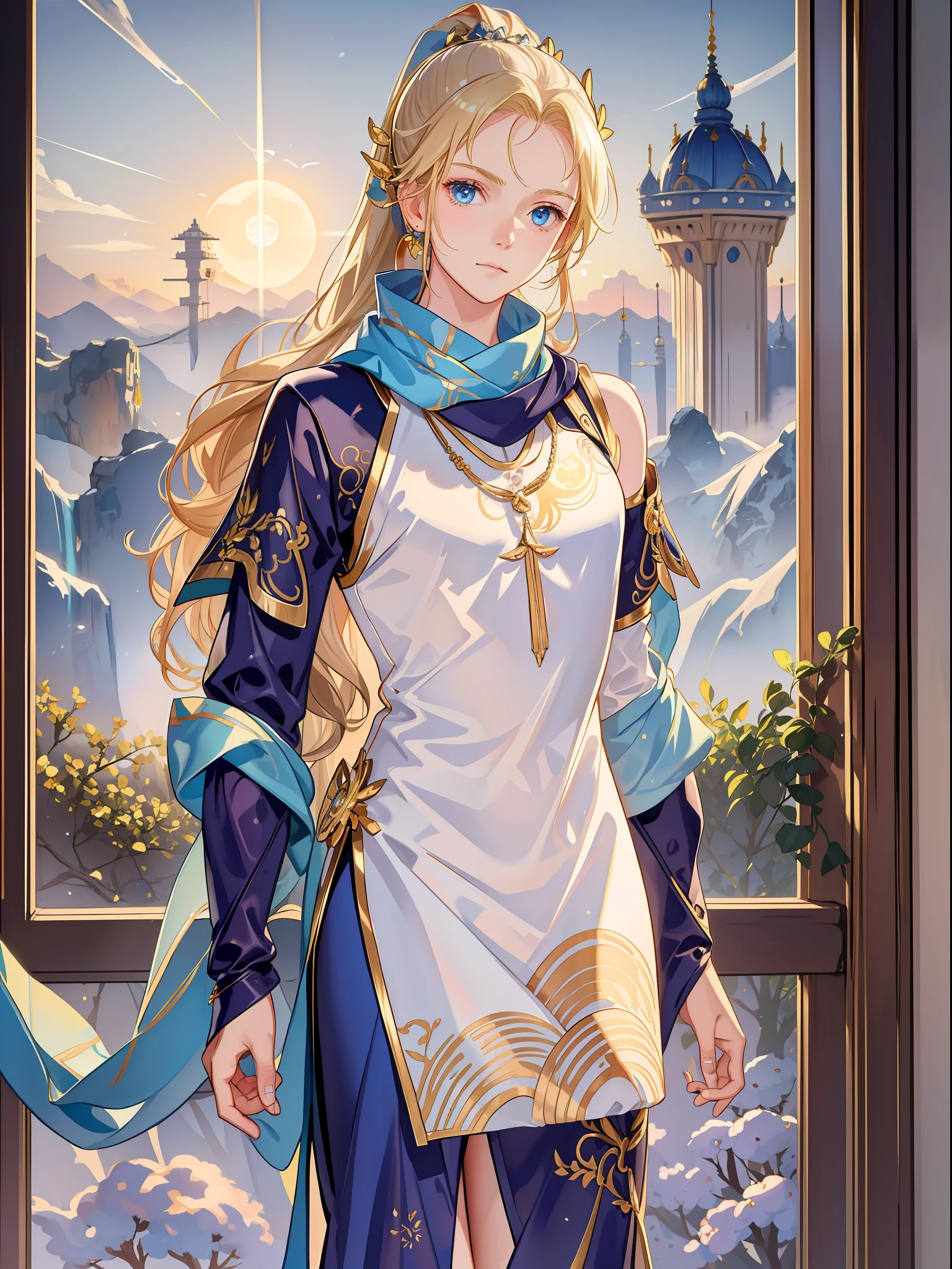 (absurdres, highres, ultra detailed), 1man, solo, wavy blonde hair, adult, blue eyes, ponytail, male focus, beautiful face, casual clothes, charming, lovely, white sun dress, transparent, breeches, oversize, bare shoulders, collarbone, space opera, sci-fi background, detailed clothing, intricate detailes, scarf, golden ornament, (short dress:1,4), skinny,