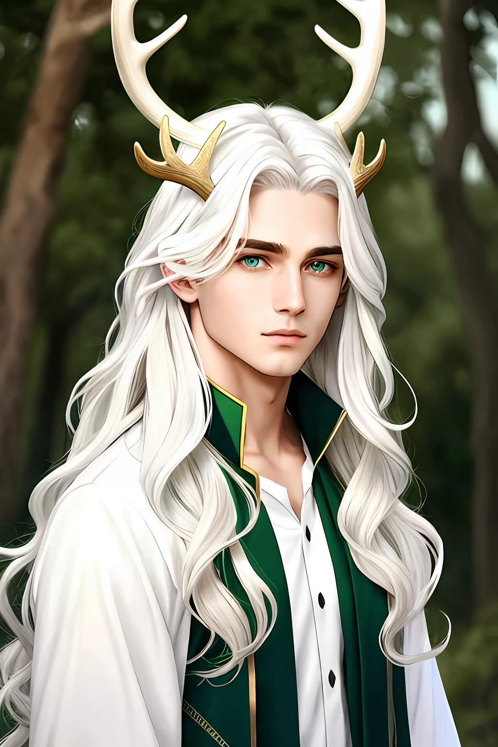 A handsome god-looking boy who has long, wavy, white hair with long deer antlers and green eyes