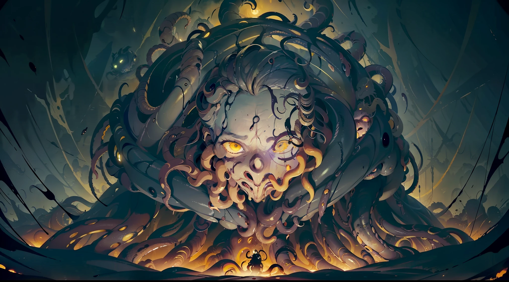 dark yellow deformed monstrous worms with deformed gore human face, yellow tentacles and bloody corpse, in the dark of the night, surrounded by dark yellow mist and tentacles, blood and darkness