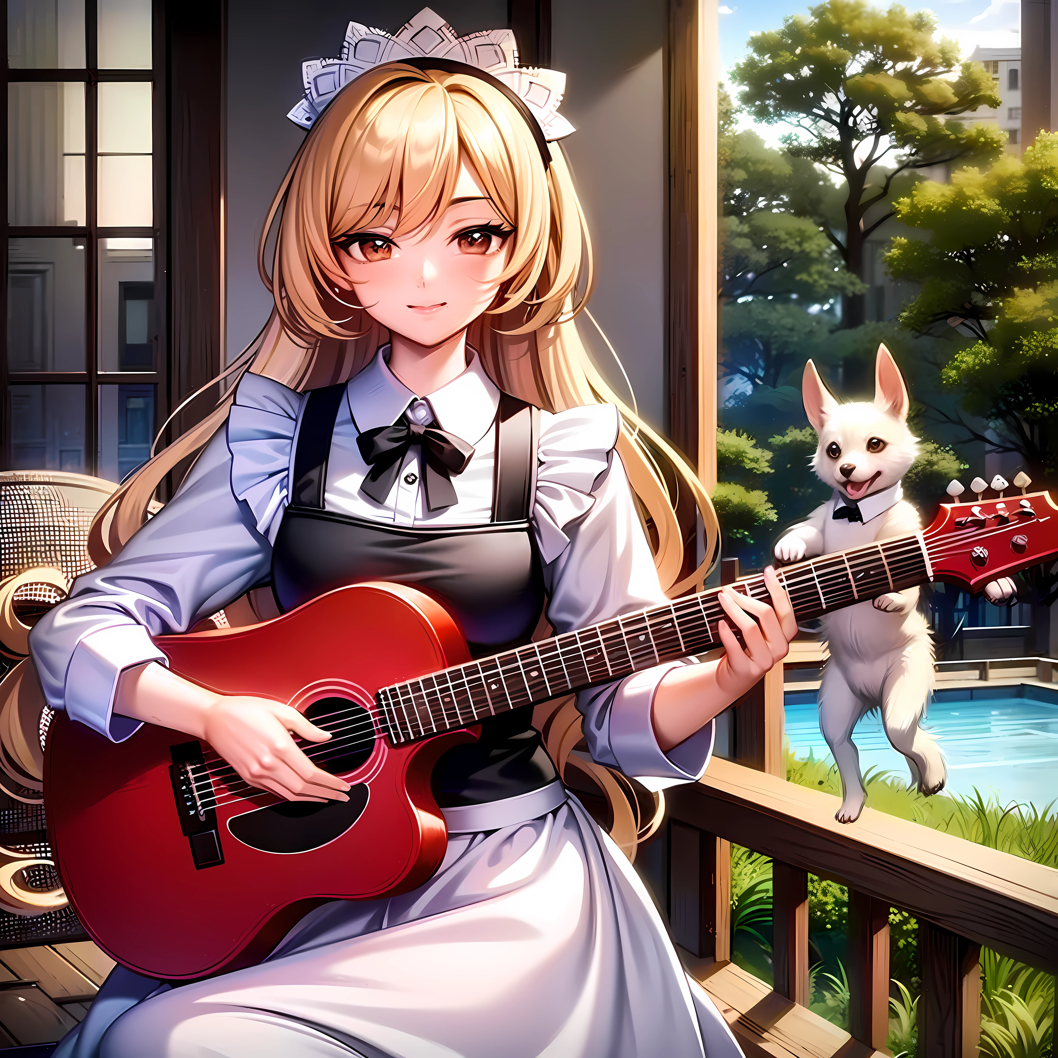 (Masterpiece: 1.4), (Very beautiful: 1.4), (Make eye contact with a girl maid playing pink guitar: 1.4), (White Chihuahua + Dog: 1.4), (Smile: 1.3), (Relax: 1.3), (Peace: 1.2), (Music: 1.2), (Healing: 1.3), (Beautiful scene: 1.3), (Floating: 1.2)