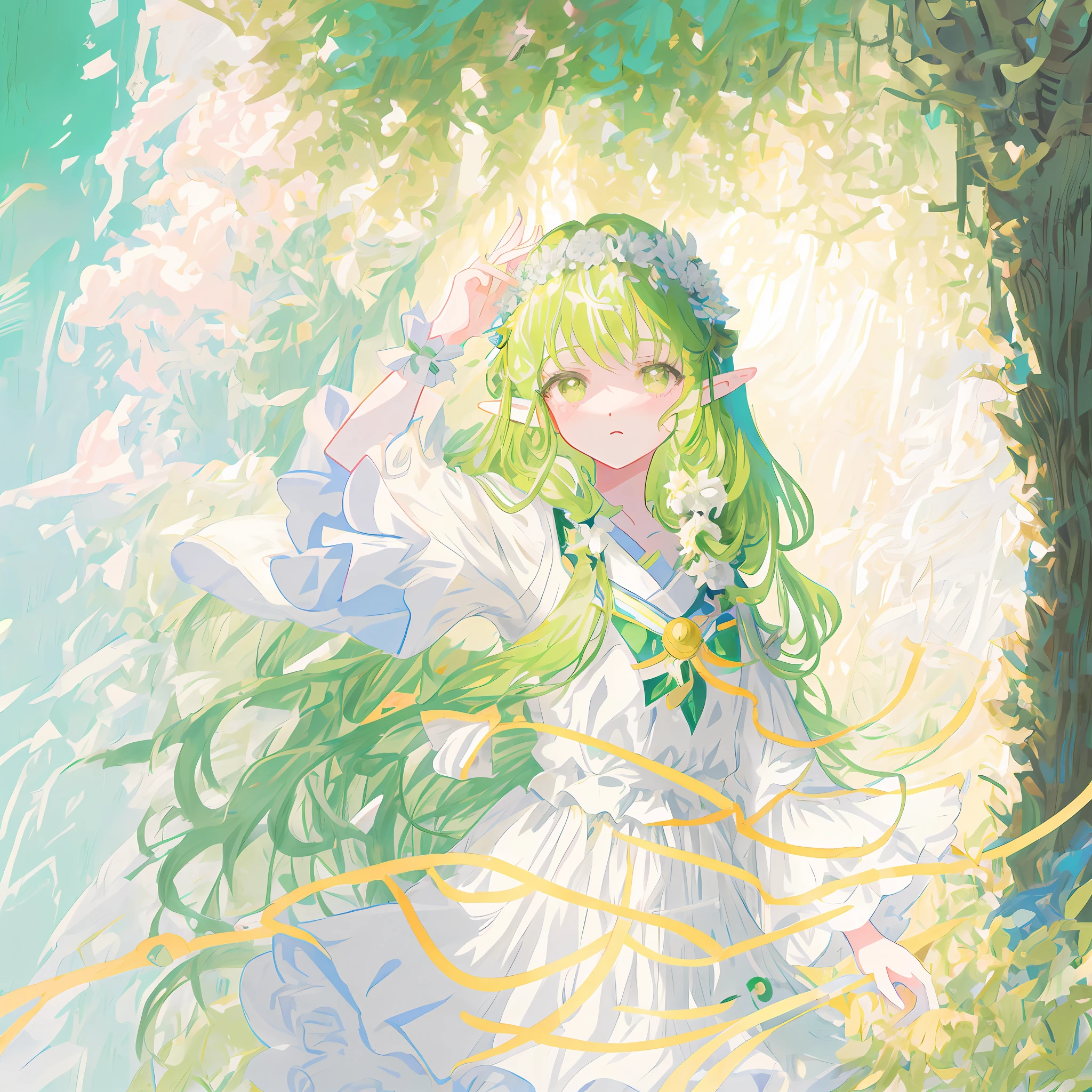 Anime girl with long green hair and flower crown, elf girl in flower dress, elf princess, colored line art, pastel anime illustration, she has flower crown, flat anime style shadow, colored line art, anime art style, anime art style, marin kitagawa doujin art, anime style, colored line art, ((((crazy)))) elf princess (masterpiece, best quality), long green hair, curly hair, garland on the head, silver-gray eyes, white slip dress, cute, anime style, slightly surprised expression,