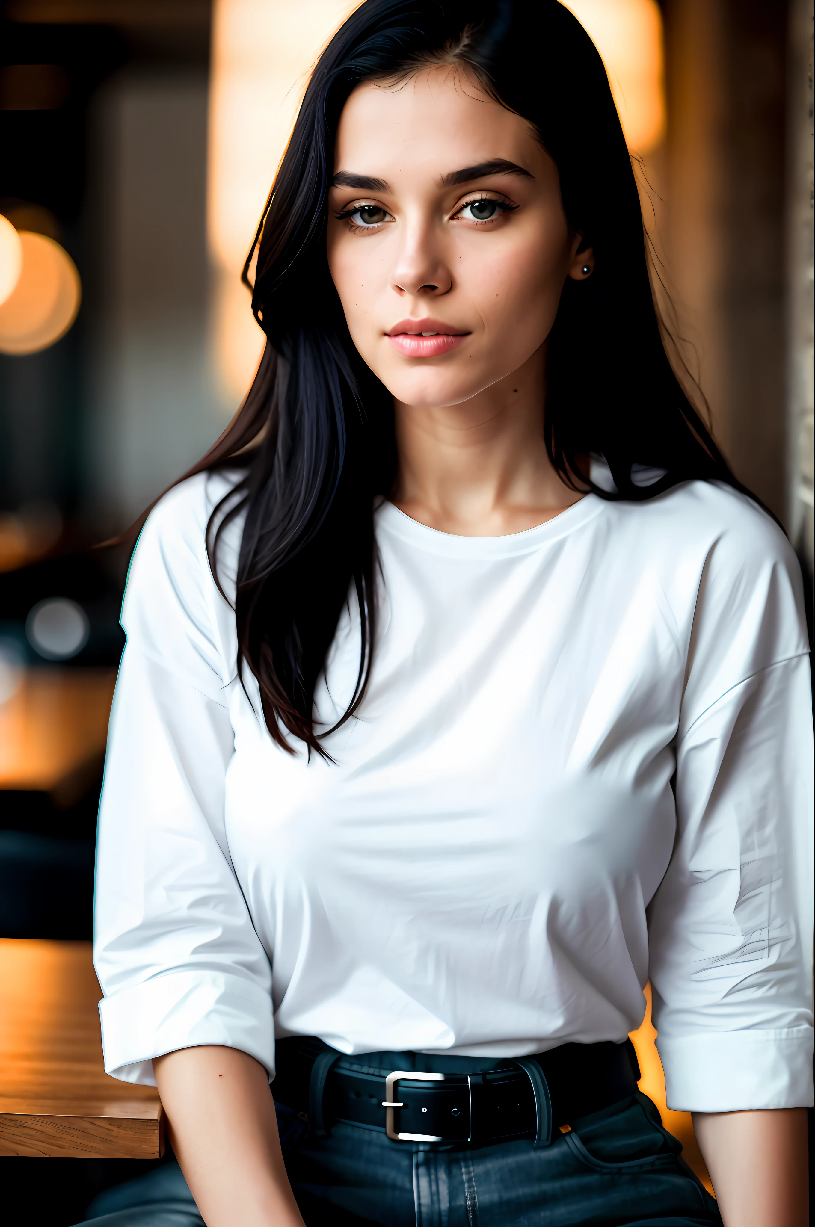 beautiful woman, long straight black hair, wearing a white t-shirt without print, wearing leather belt, front view (sitting inside a modern restaurant at night), Isabelle Adjani, very detailed, 30 years, natural wave hair, blue eyes, high-res, masterpiece, best quality, intricate details, highly detailed, sharp focus, detailed skin, realistic skin texture, texture, detailed eyes,  professional, 4k, Canon shooting, 85mm, shallow depth of field, kodak color vision, perfect fit body, extremely detailed, photo_\(ultra\), photorealistic, realistic, post-processing, maximum detail, roughness, real life, ultra realistic, photorealism, photography, 8k uhd, photography (grain of film) medium shot for closeup shot atmospheric dark lighting