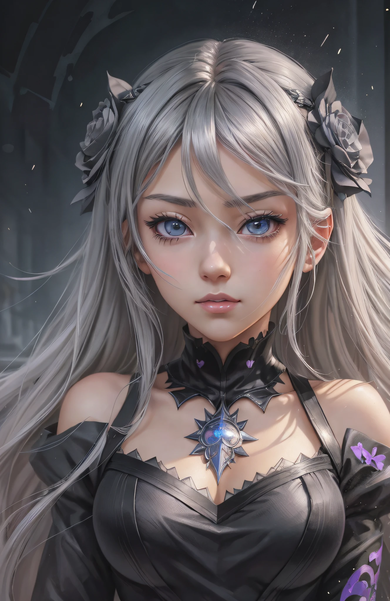 ((masterpiece, best quality)), anime girl with long gray hair and black party dress, detailed portrait of anime girl, detailed digital anime art, stunning anime face portrait, detailed anime art, portrait knights of zodiac girl, digital anime illustration, beautiful anime portrait, detailed anime soft face, detailed anime artwork, soft anime illustration, clean detailed anime art, 8k high quality detailed art