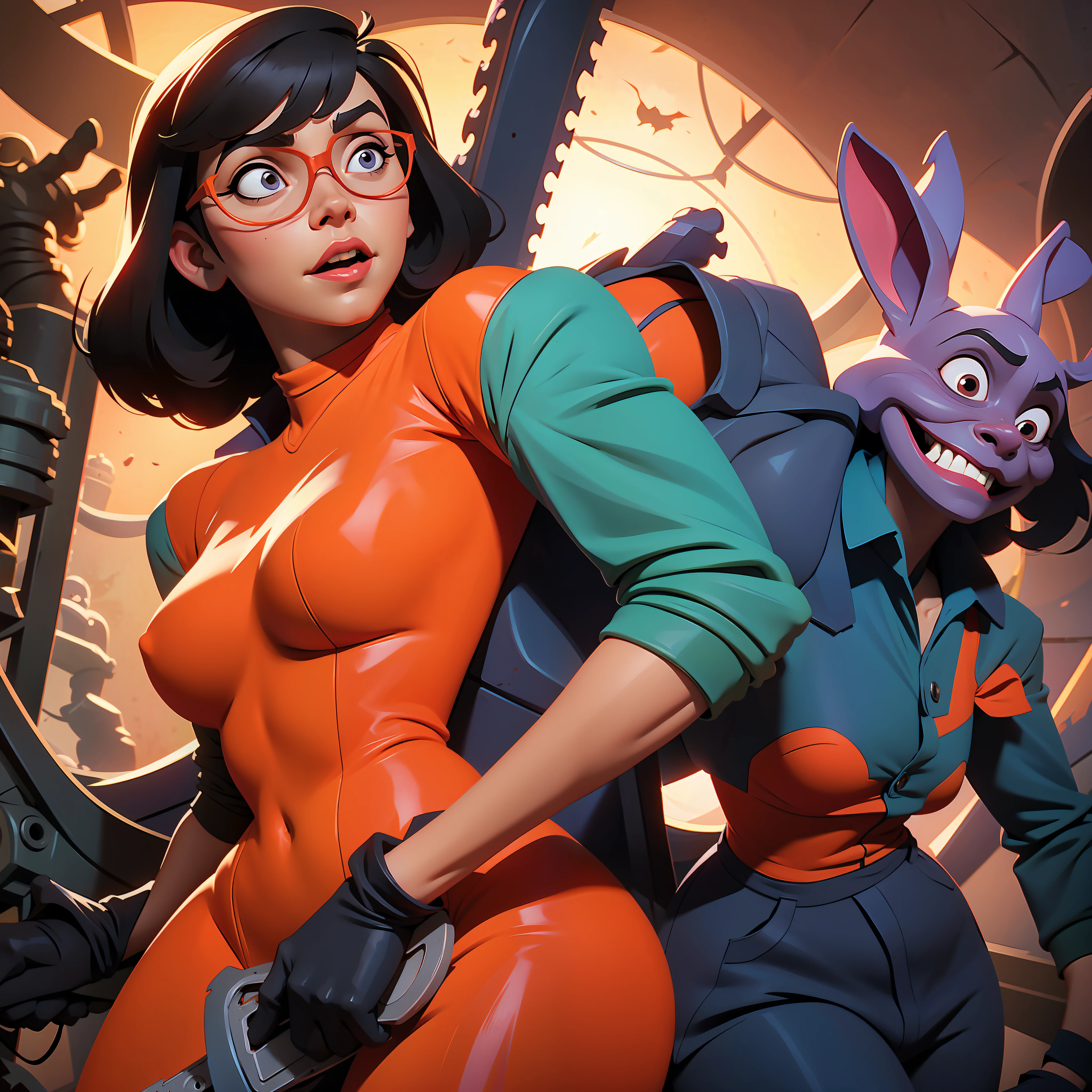 Velma from Scooby-Doo with a chainsaw in her hands and a psychopath's face