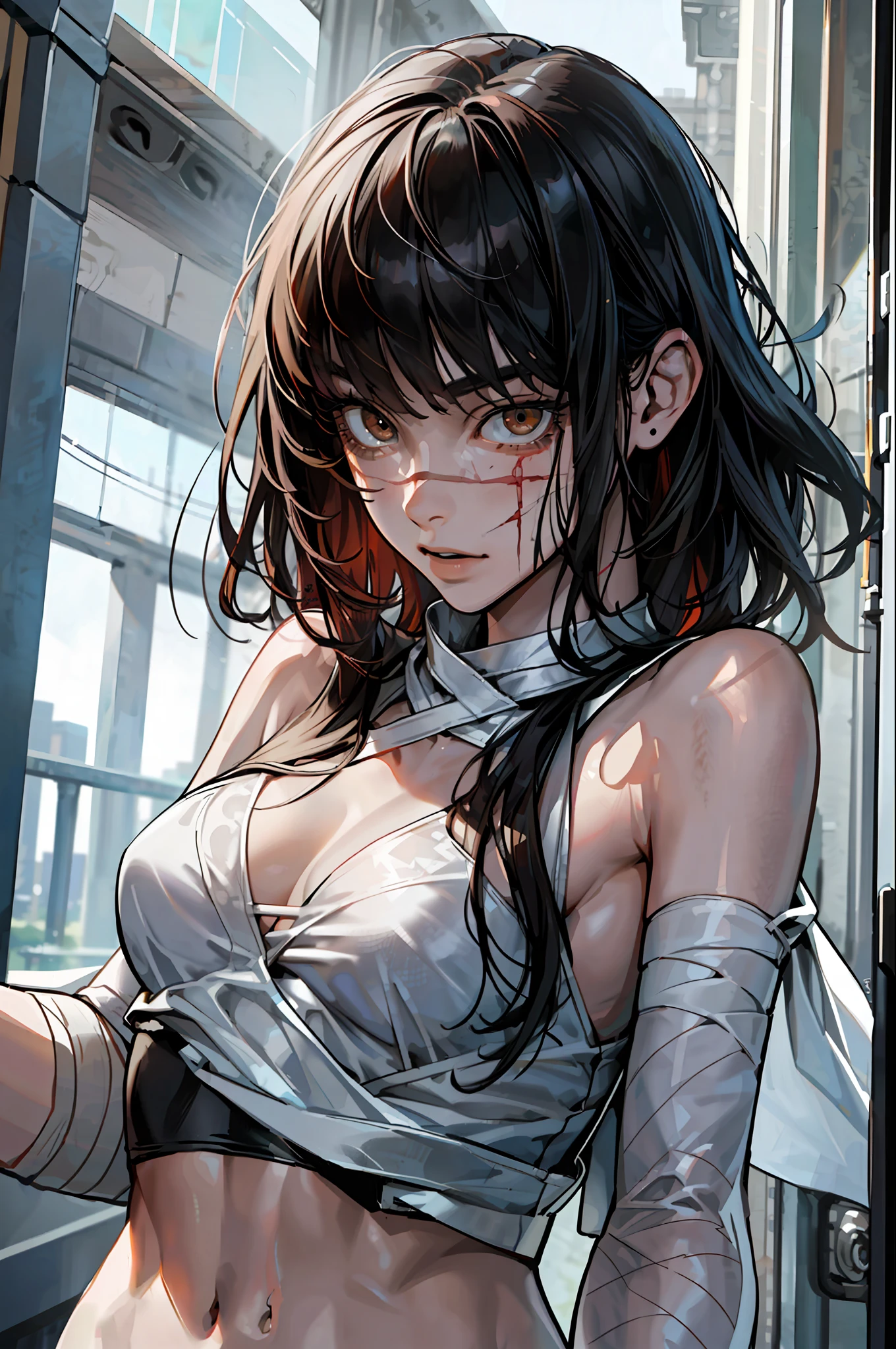((masterpiece, best quality)), (1girl), (solo), (female focus), yoru \(chainsaw man\),(very detailed face, real image, realistic white skin, realistic body, intricate details), whole body, blood, blood scattered, looking at the viewer, brown eyes, bandages over the body, black hair, stylish clothes, bandages, bandages, small breasts, large thighs