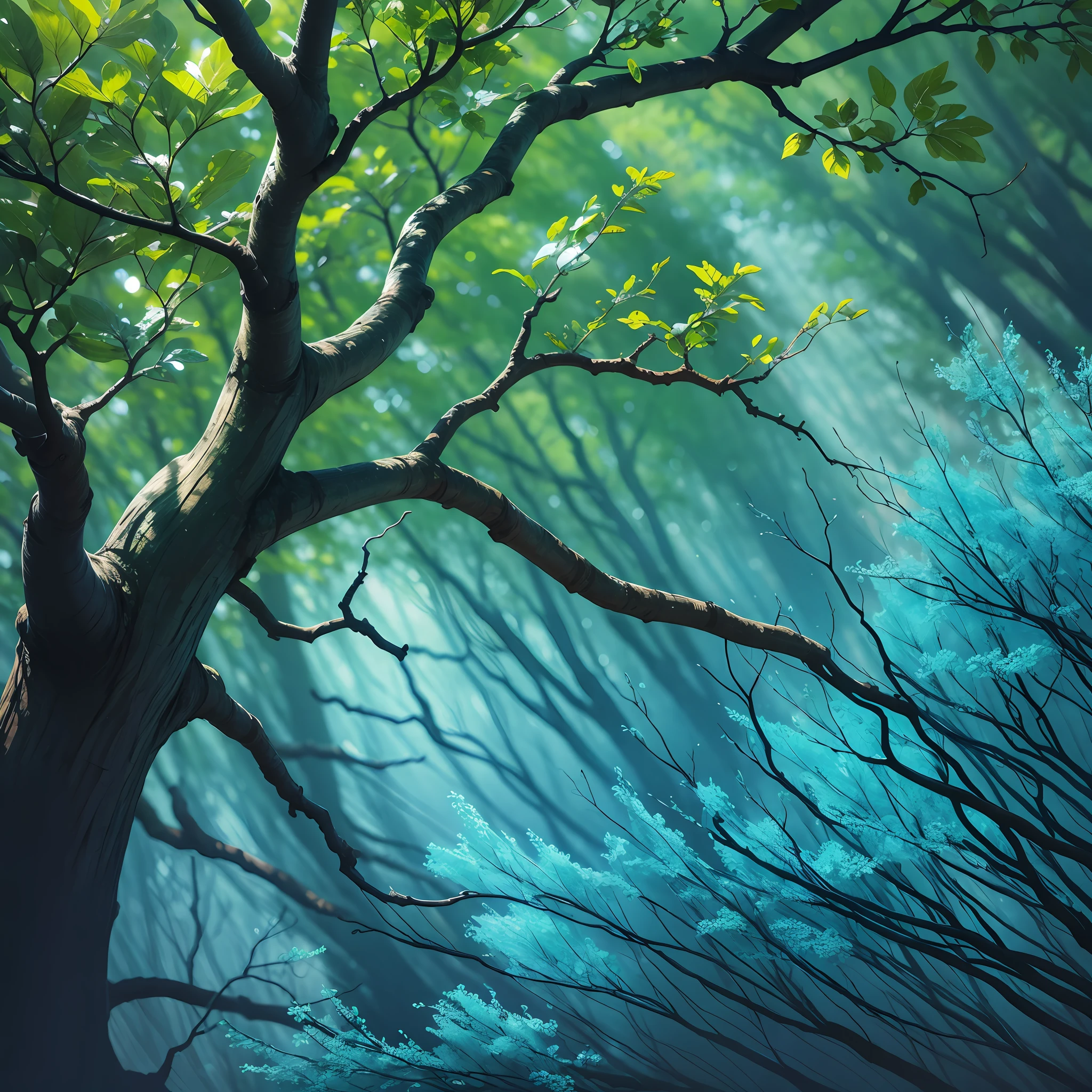 Blue-leaved tree, bright, neon, dark shadows