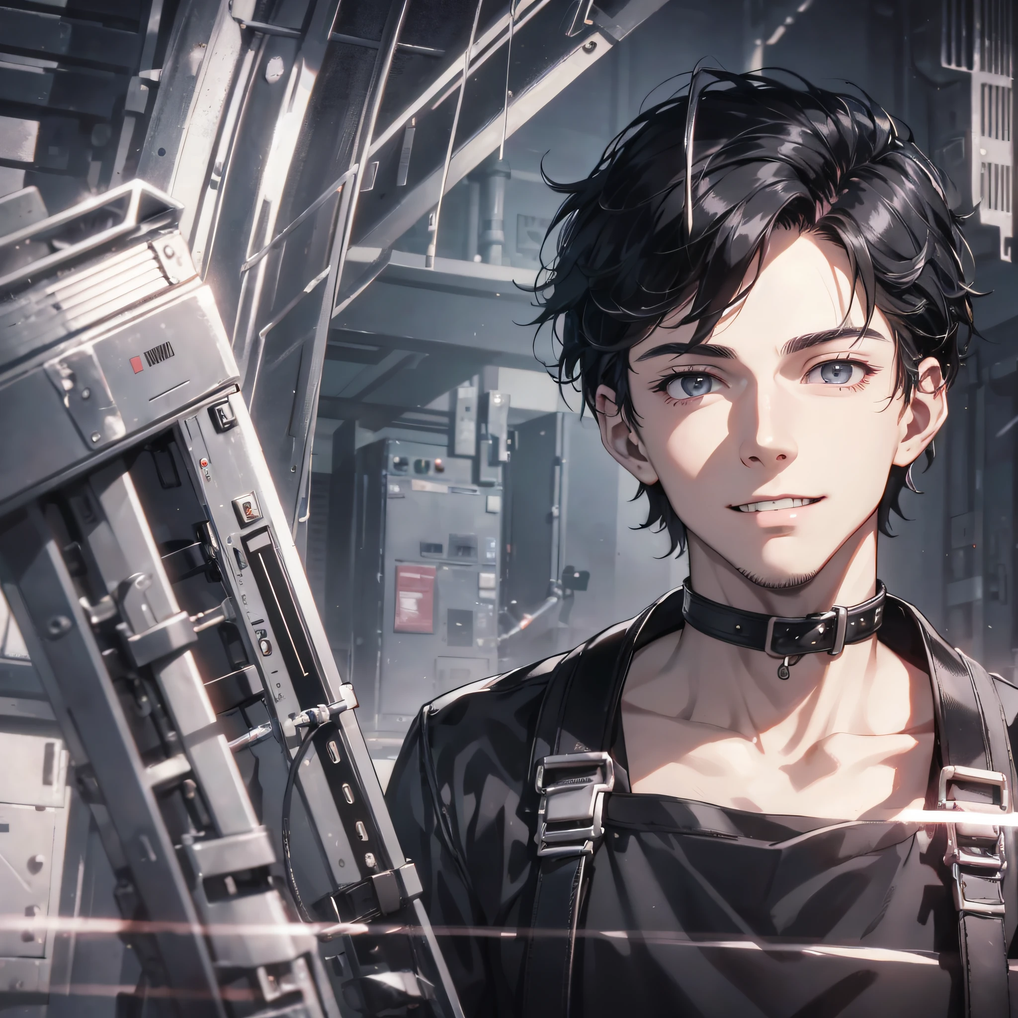 A twenty-year-old male technician in black overalls and short black hair researches instrument 1.5 (background is tech factory 1.5) (expression happy laugh 1.5) (best quality: 1.1) (masterpiece: 1.3) with unparalleled masterpiece, surreal 8K, perfect artwork, super detail, best quality, masterpiece 4K wallpaper aesthetics, masterpiece, award-winning artwork, official art, cinematic lighting (handsome young man 1.5) (handsome guy 1.5)
