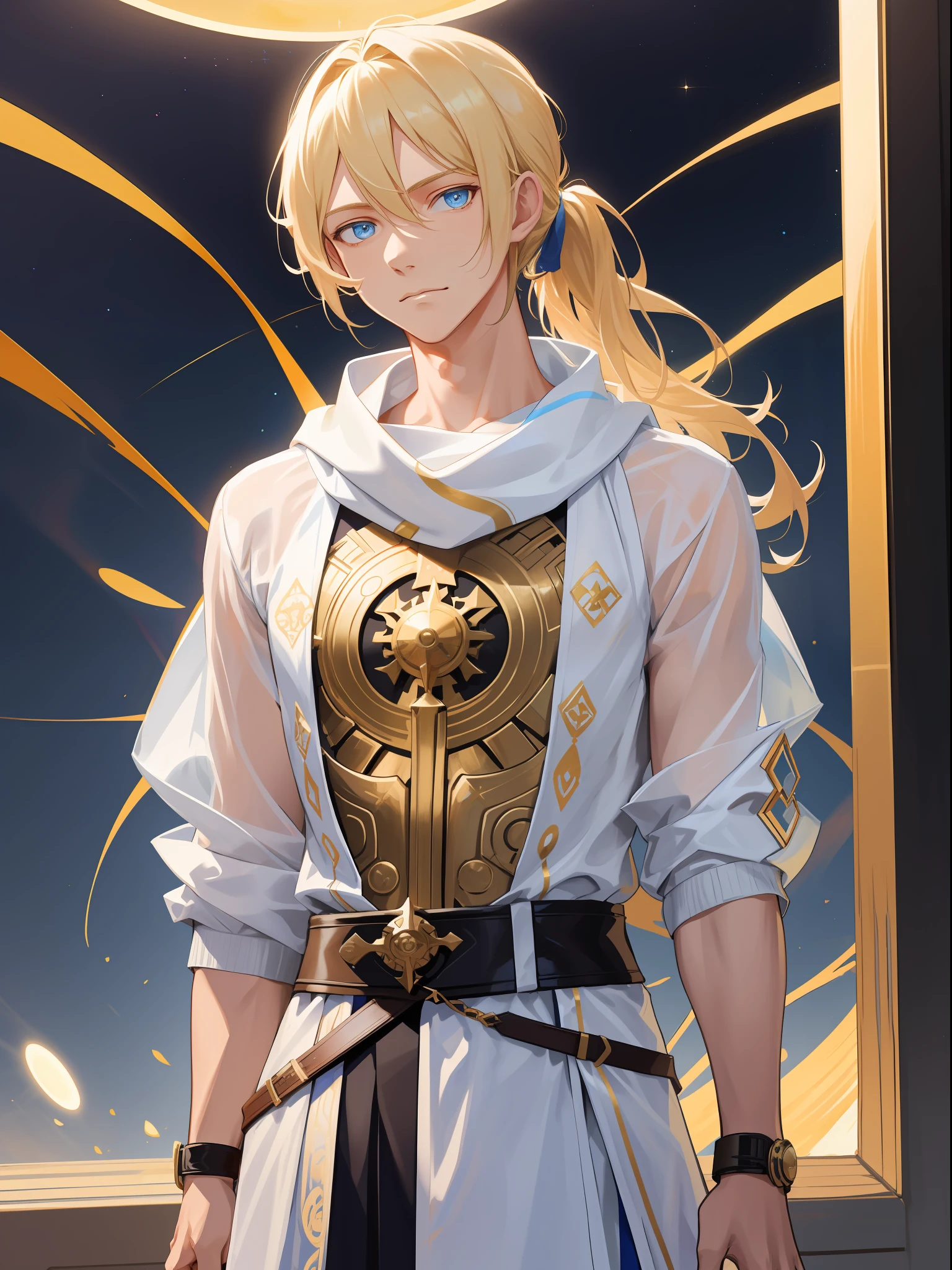 (absurdres, highres, ultra detailed), 1man, solo, wavy blonde hair, adult, blue eyes, ponytail, male focus, beautiful face, casual clothes, charming, lovely, white sun dress, transparent, breeches, oversize, bare shoulders, collarbone, space opera, sci-fi background, detailed clothing, intricate detailes, scarf, golden ornament, (short dress:1,4), skinny