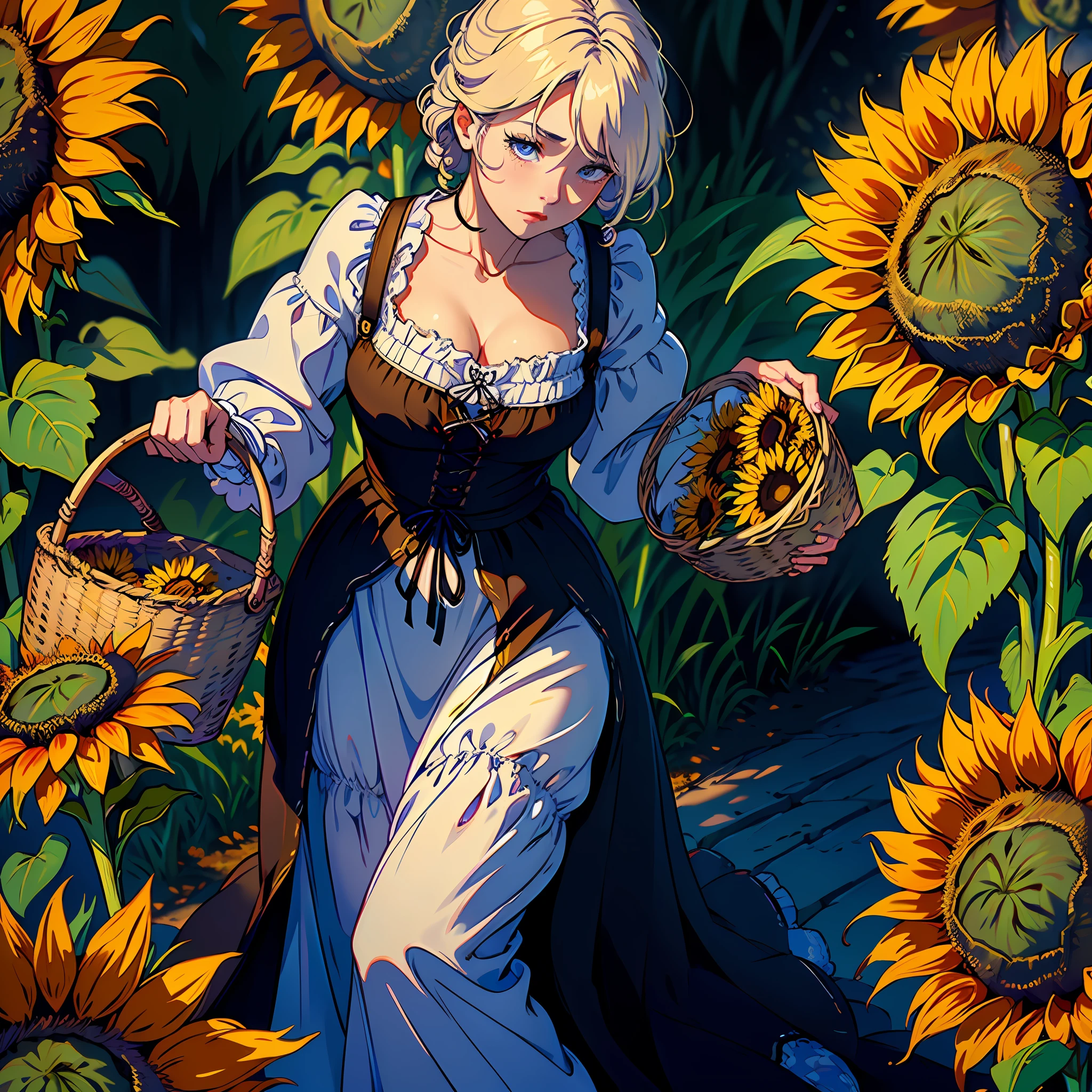(((peasant woman holding a basket from which thousands of sunflowers fly and fall from the sky))), rain of sunflowers, fall of sunflowers, night, nightfall, hyperdetailed intricately detailed ultra realistic art trending on Artstation triadic colors Unreal Engine 5 detailed matte painting, deep color, fantastical, intricate detail, splash screen, complementary colors, fantasy concept art, 8k resolution, ultra realistic deviantart masterpiece, (dark shot:0.9), soft cinematic light, adobe lightroom, photolab, hdr, intricate, highly detailed