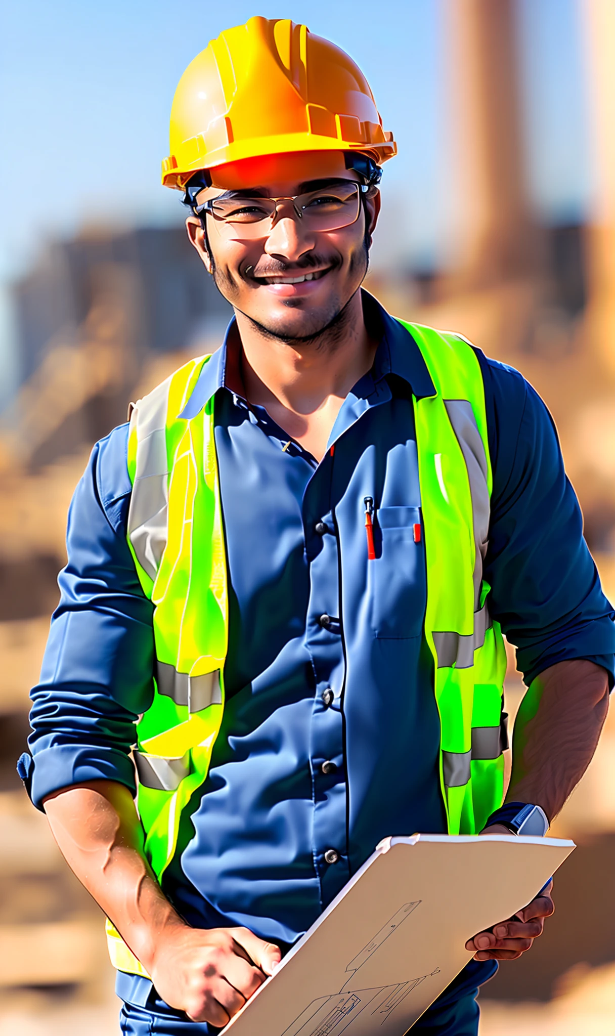 Uniformed engineer, on a large construction site, holding a clipboard, smiling, looking satisfied