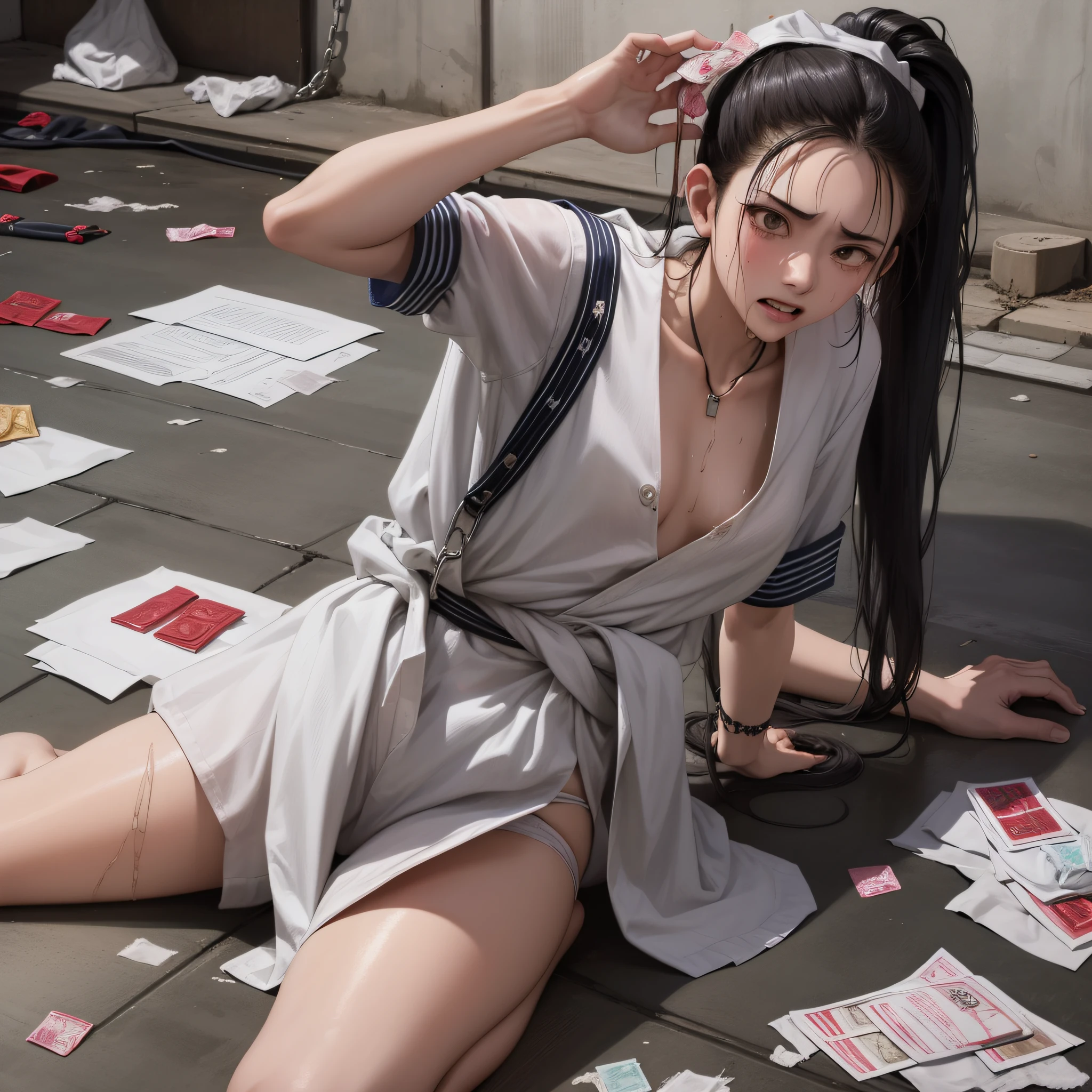 Mr. Takagi, black hair, long hair up to the waist, small underwear, white underwear, tense underwear, underwear, wet underwear, small breasts, crying face, crying, drooling, scared, sitting on the floor, showing off with crotch, skin wet with sweat, ruins, ((a large amount of used condoms on the floor)), (chained, arms raised, folded behind the head)), minuscule sailor suit